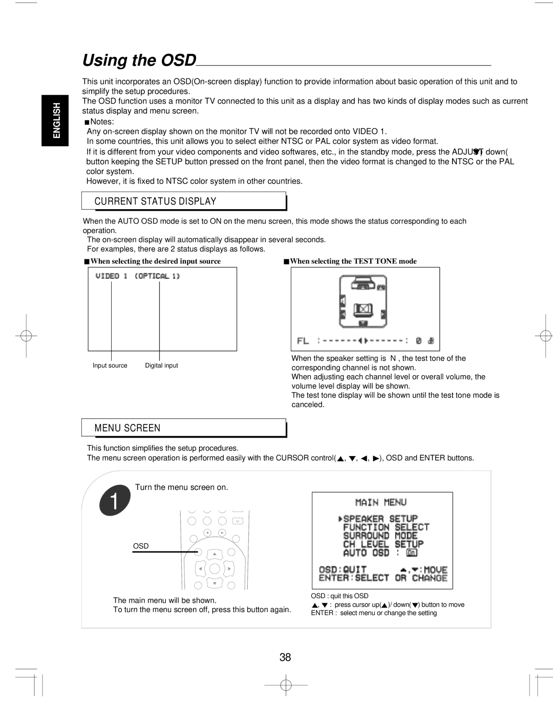 Sherwood R-903R manual Using the OSD, Current Status Display, Menu Screen 