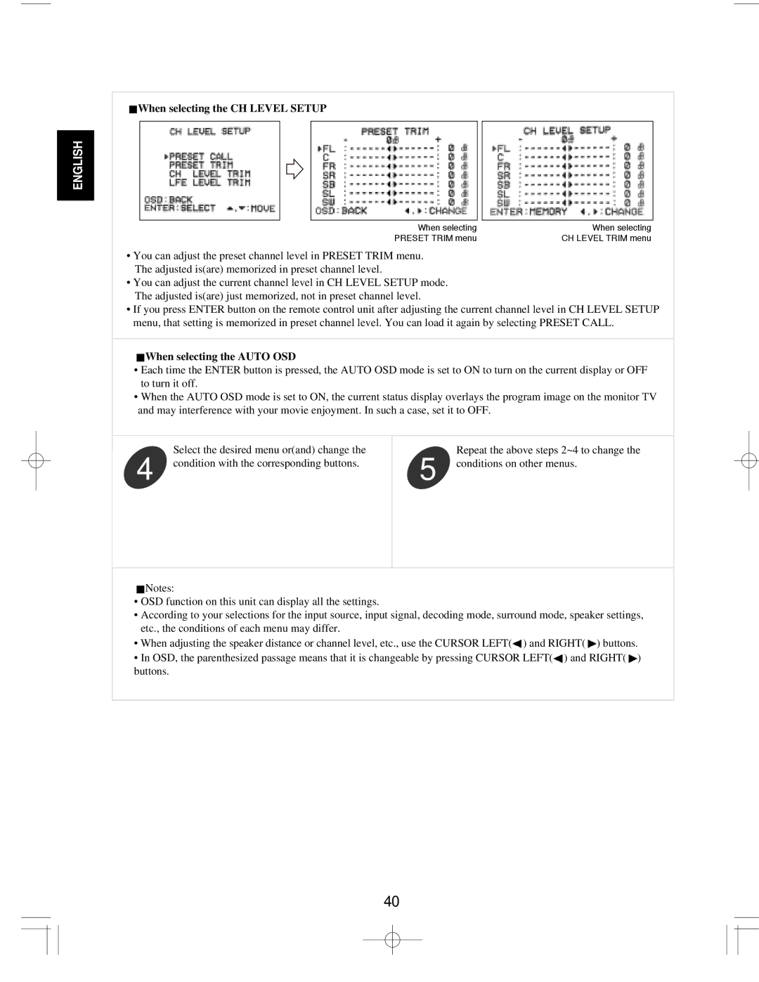 Sherwood R-903R manual When selecting the CH Level Setup, When selecting the Auto OSD 