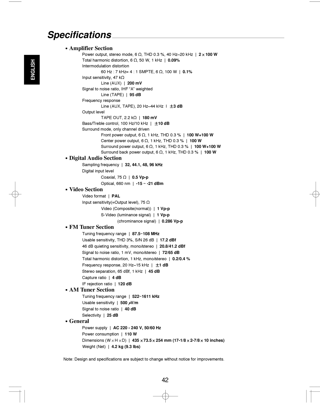 Sherwood R-903R manual Specifications, Amplifier Section 