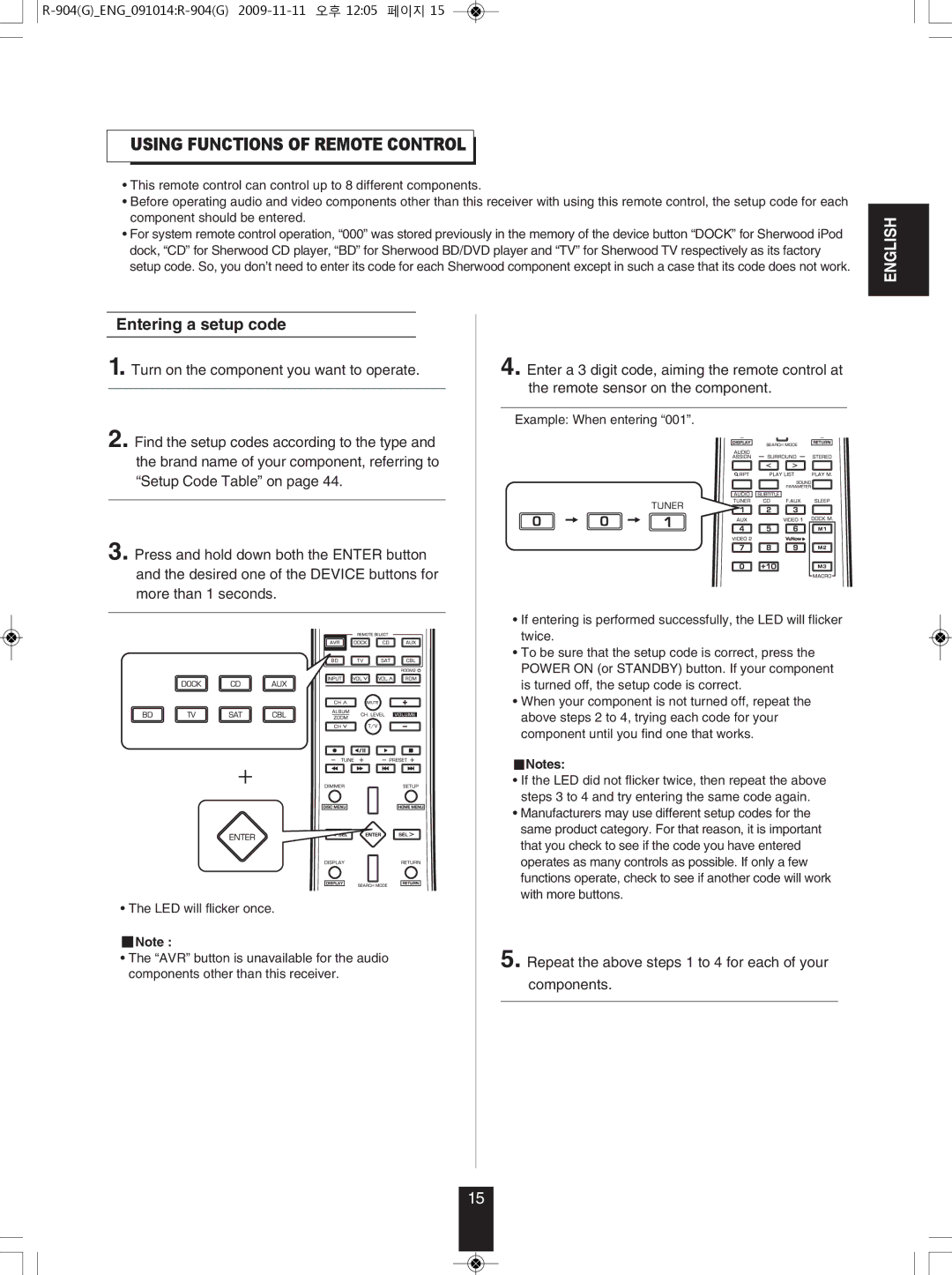 Sherwood R-904 manual UsInG FUnctIons oF ReMote contRoL, Entering a setup code 