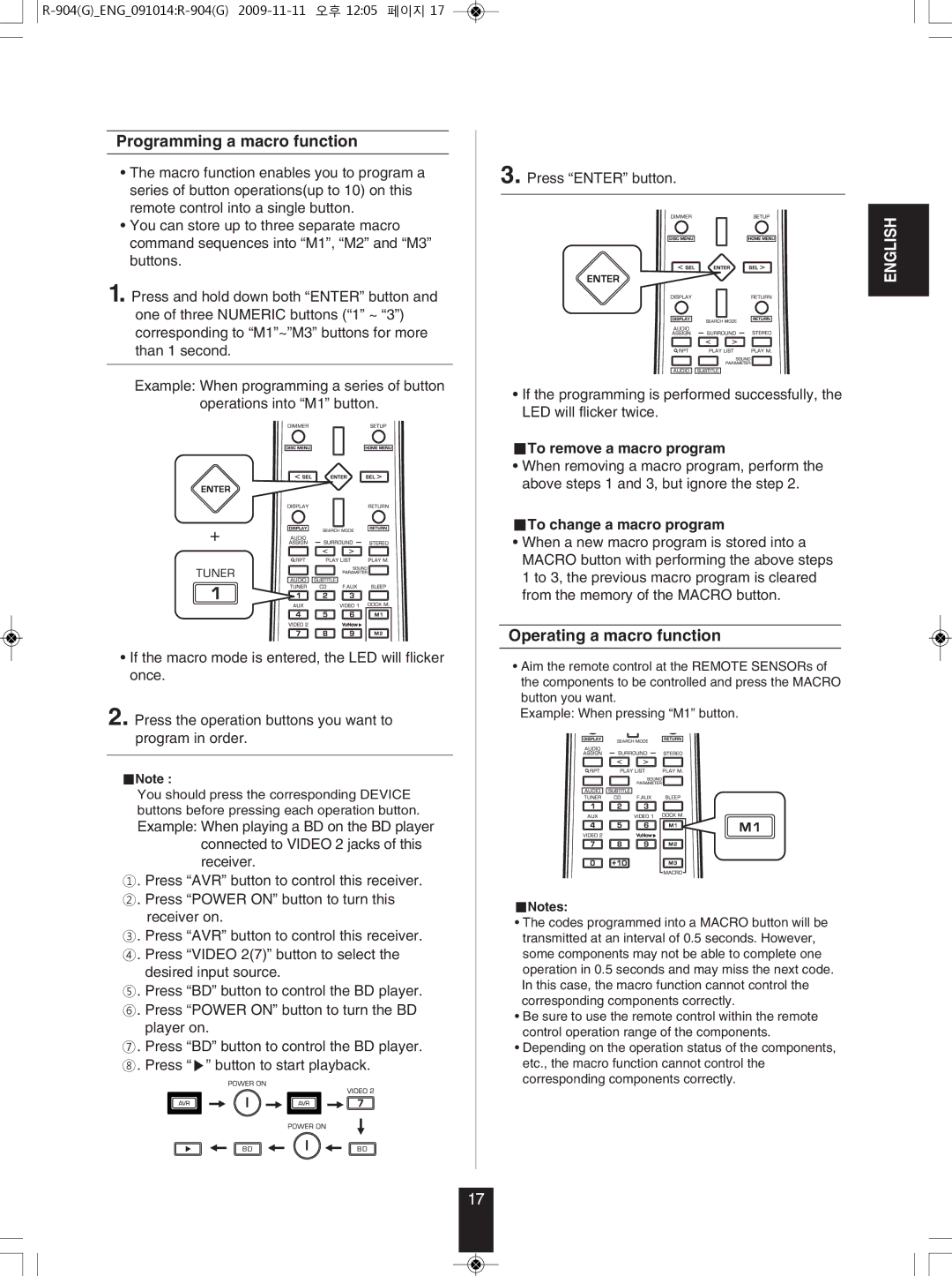 Sherwood R-904 manual Programming a macro function, Operating a macro function 