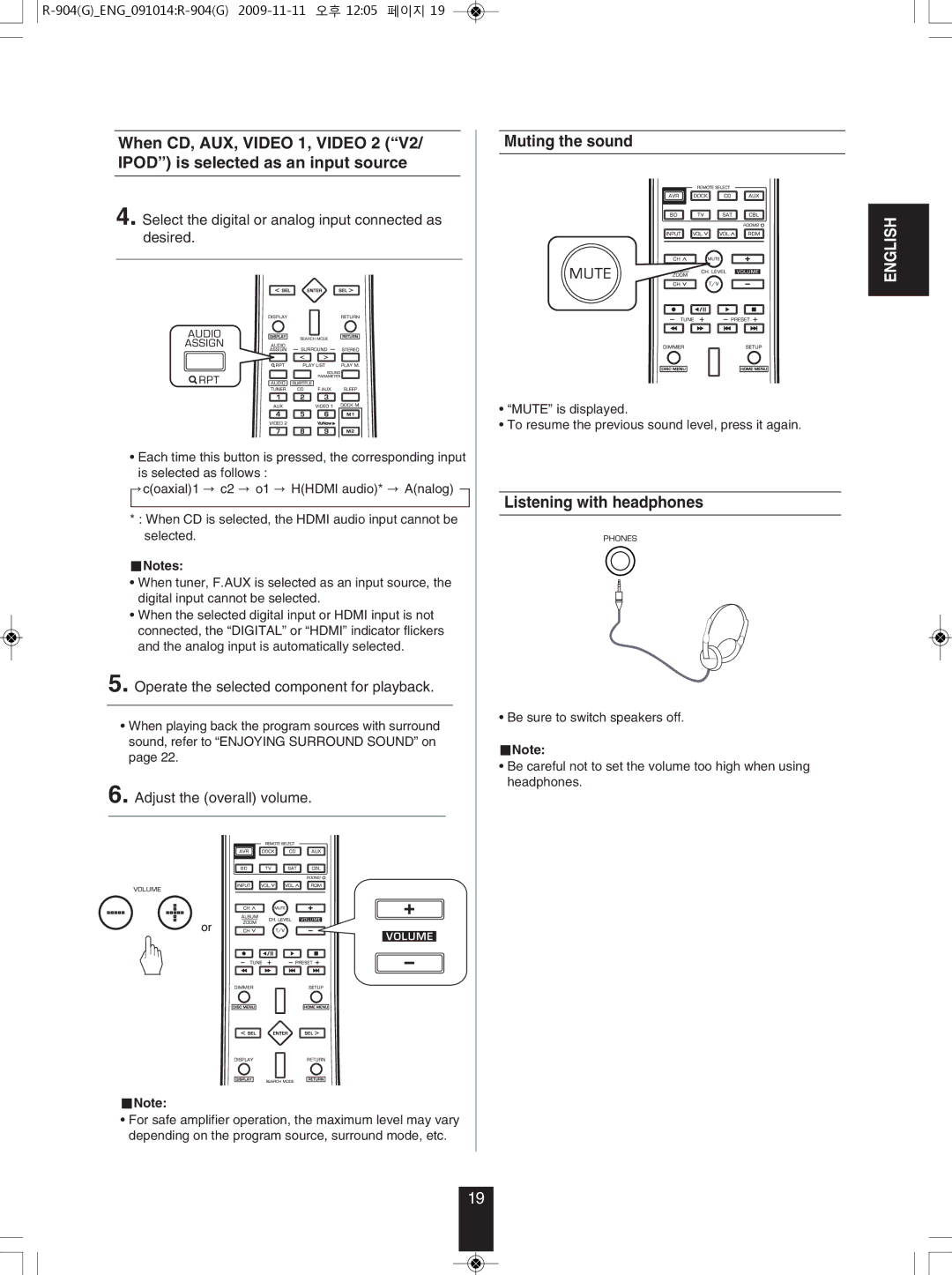 Sherwood R-904 manual Muting the sound, Listening with headphones, Select the digital or analog input connected as desired 