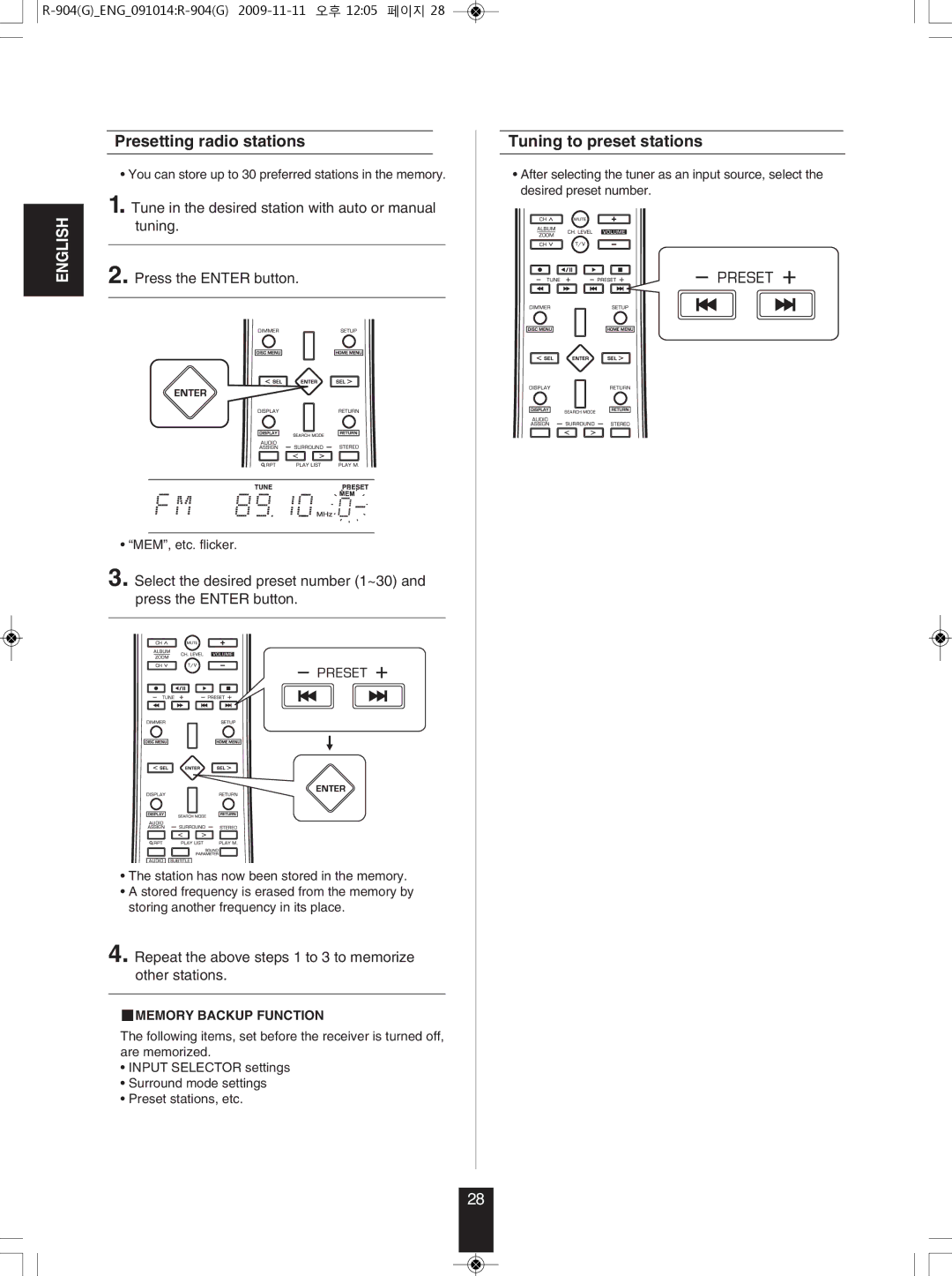 Sherwood R-904 manual Presetting radio stations, Tuning to preset stations, Press the Enter button 