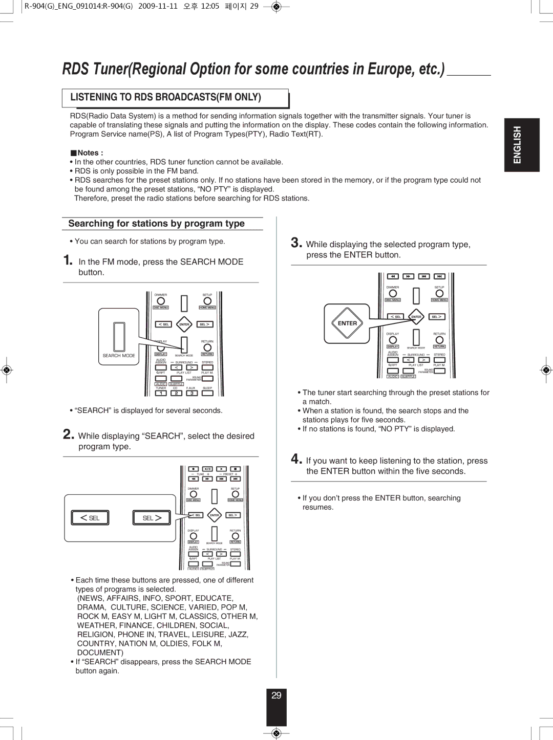 Sherwood R-904 manual Listening to RDS BROADCASTSFm only, Searching for stations by program type 