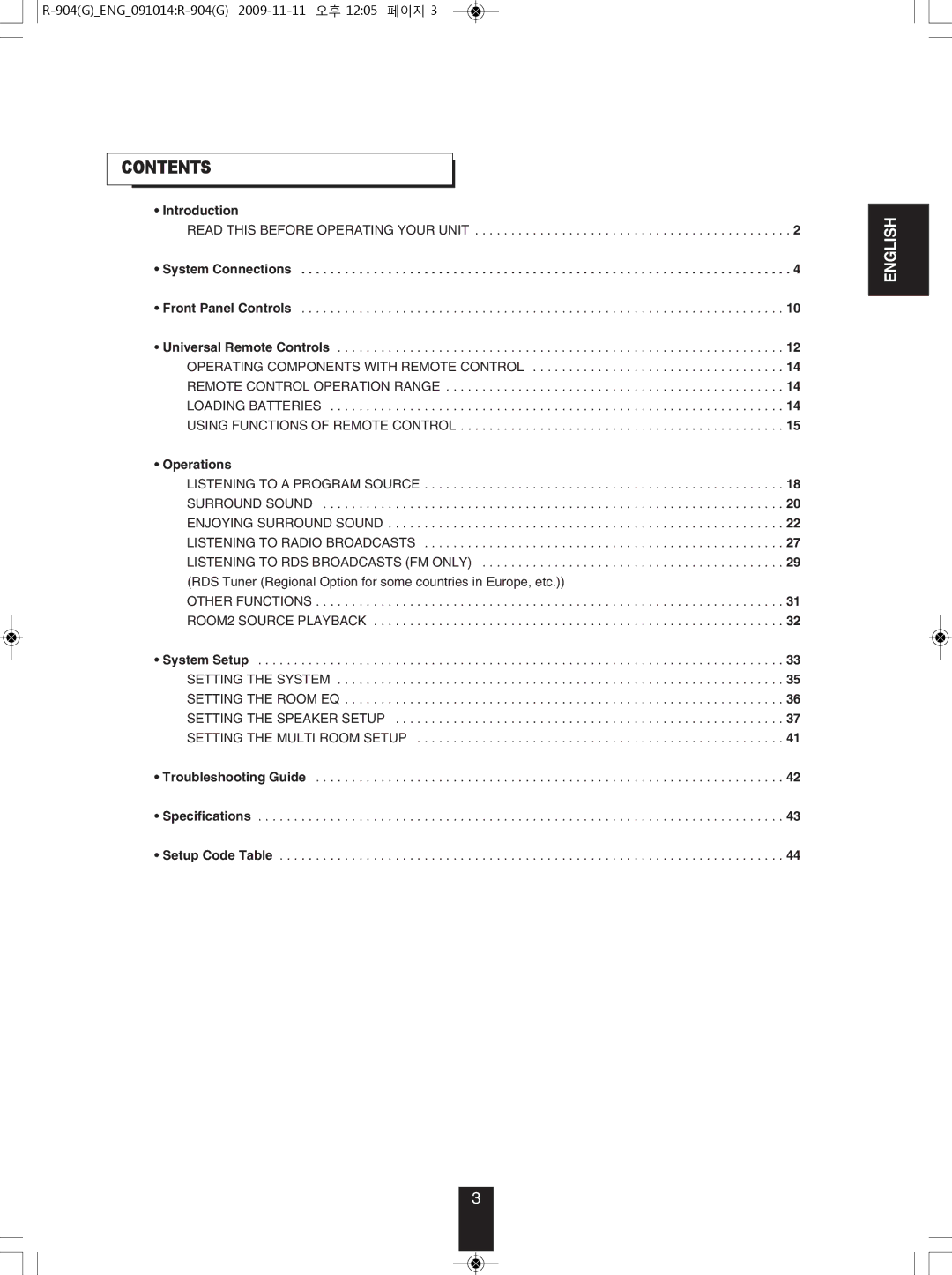 Sherwood R-904 manual Contents 