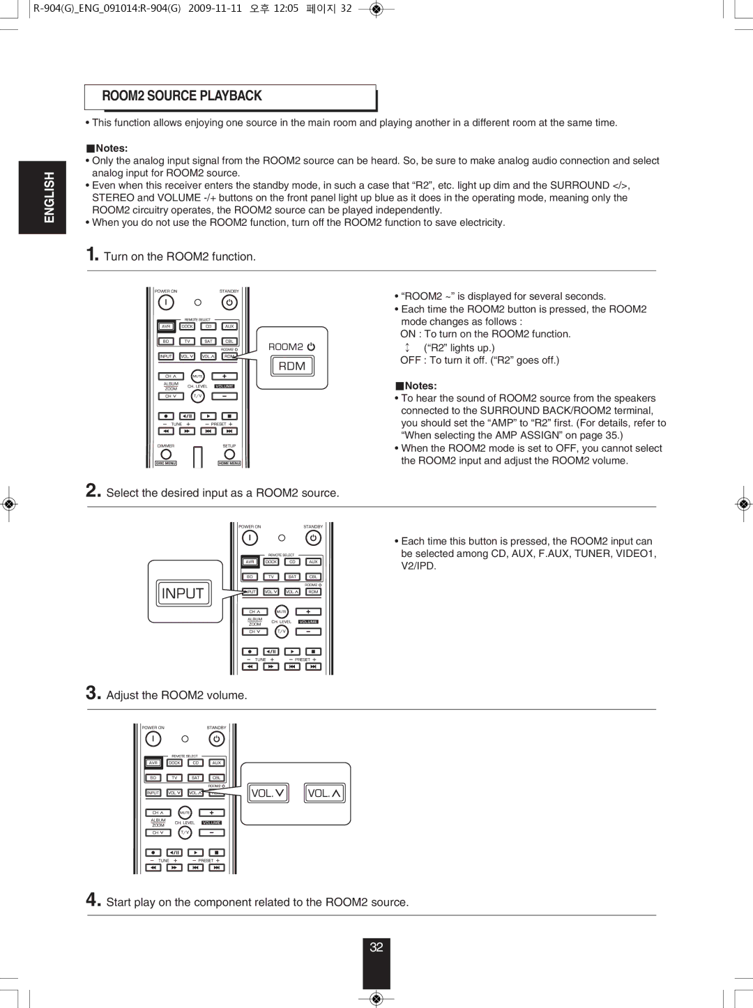 Sherwood R-904 manual ROOm2 Source PLAYBACk, Turn on the ROOM2 function, Select the desired input as a ROOM2 source 