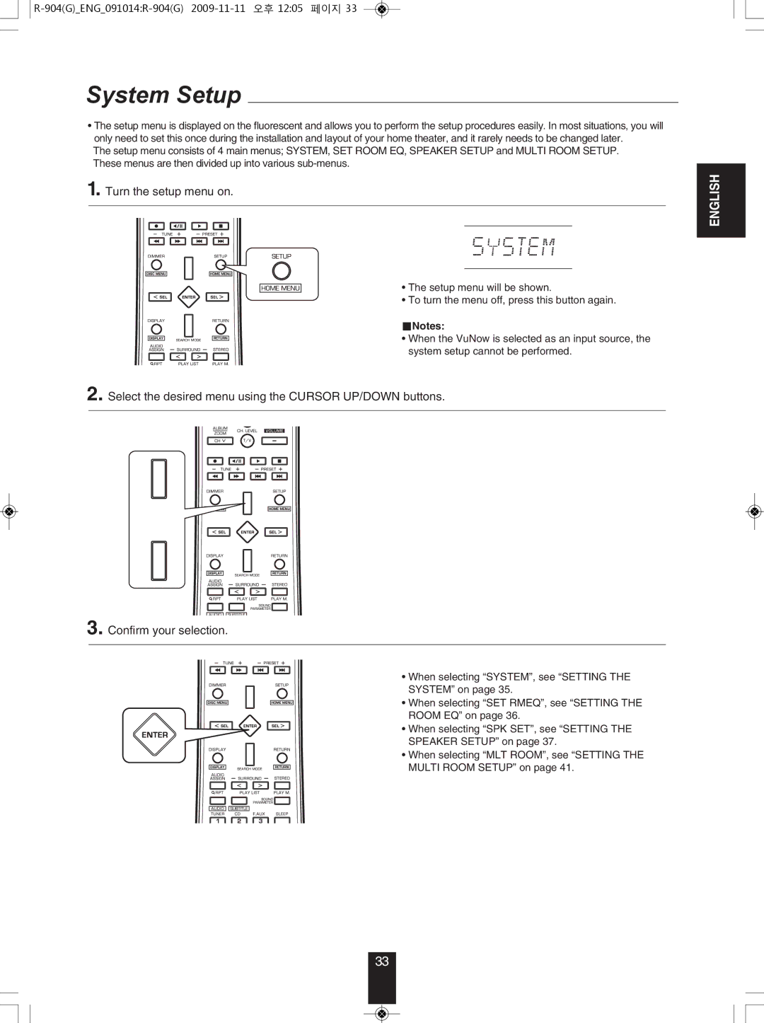 Sherwood R-904 manual System Setup, Turn the setup menu on 