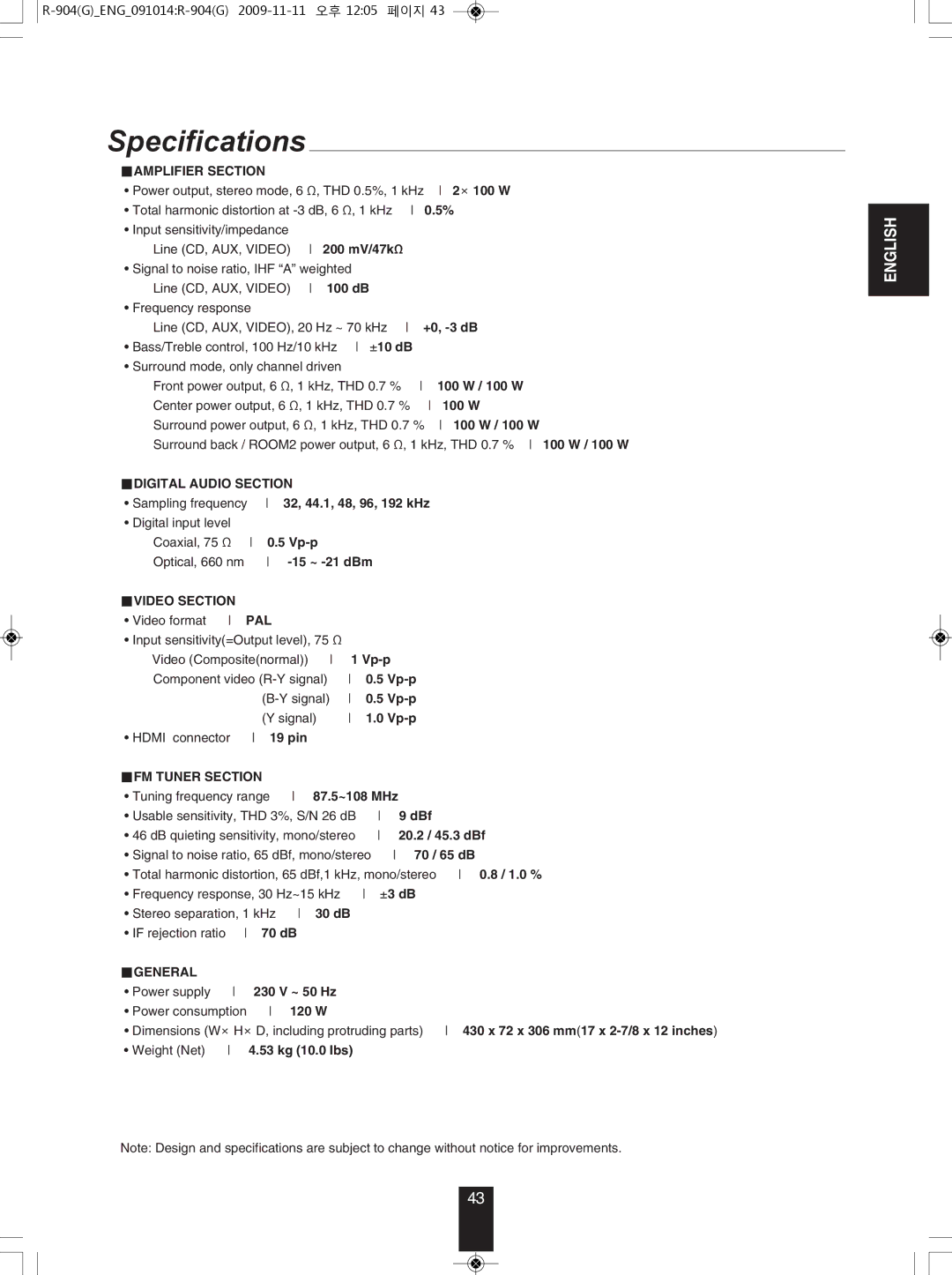 Sherwood R-904 manual Specifications 