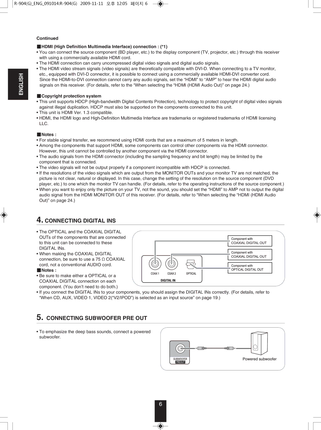 Sherwood R-904 manual HDmI High Definition multimedia Interface connection *1, Copyright protection system 