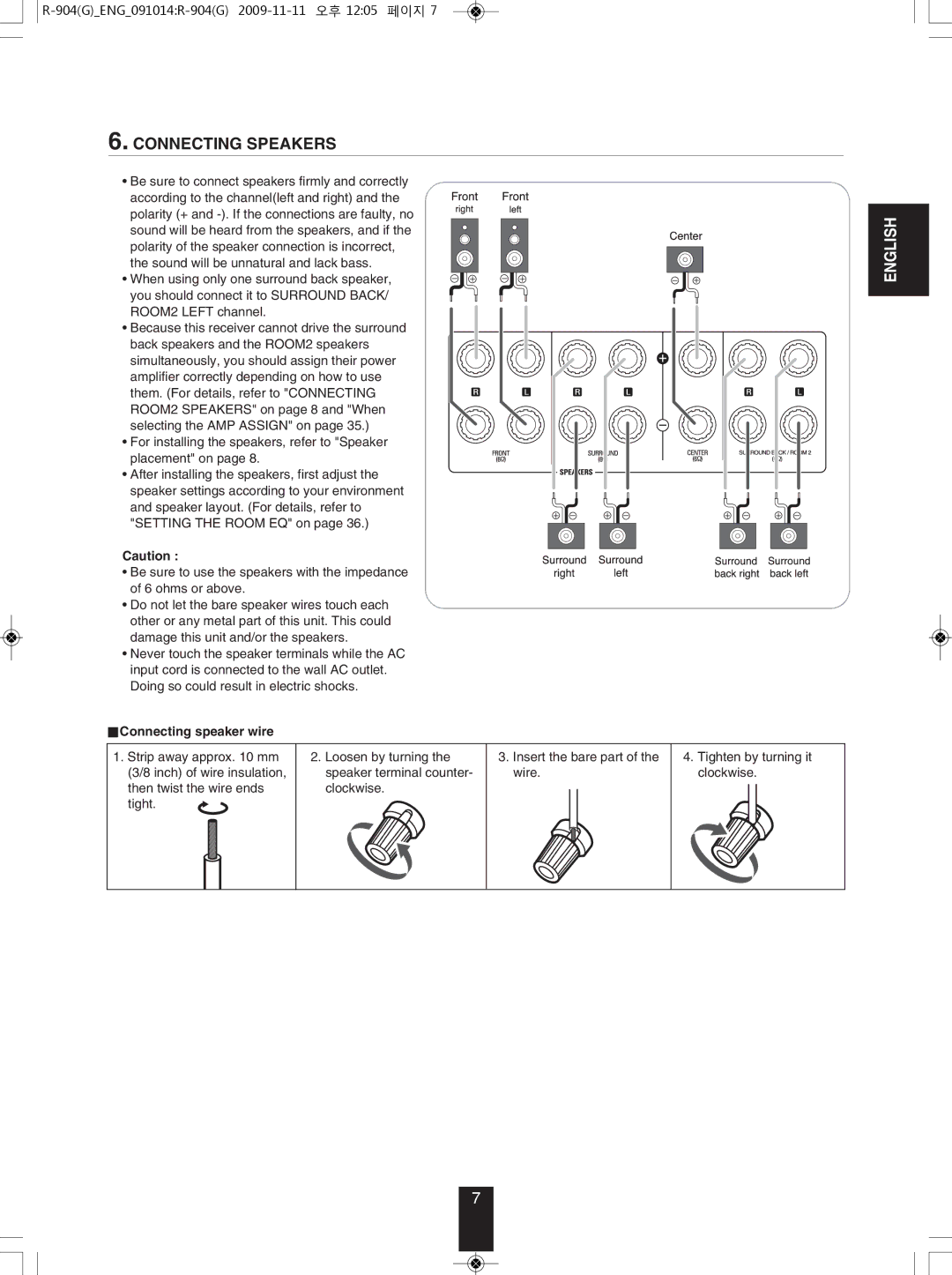 Sherwood R-904 manual Connecting SPEAkERS, Connecting speaker wire 