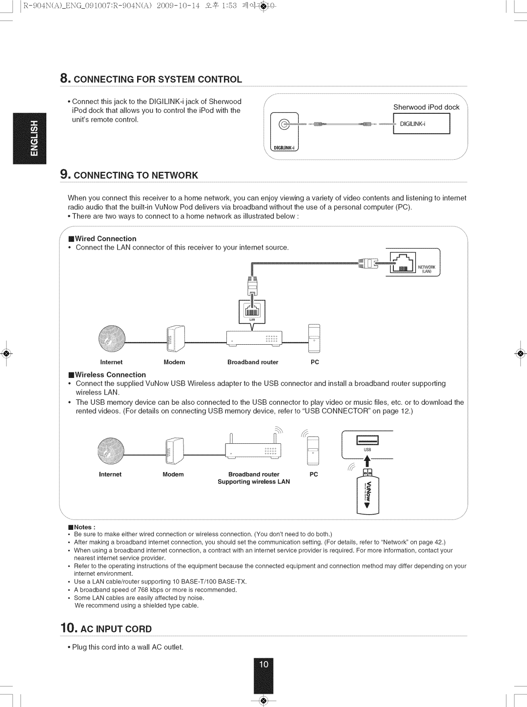 Sherwood R-904N manual Connecting for System Control, Connecting to Network, 10, AC Input Cord, Modem 