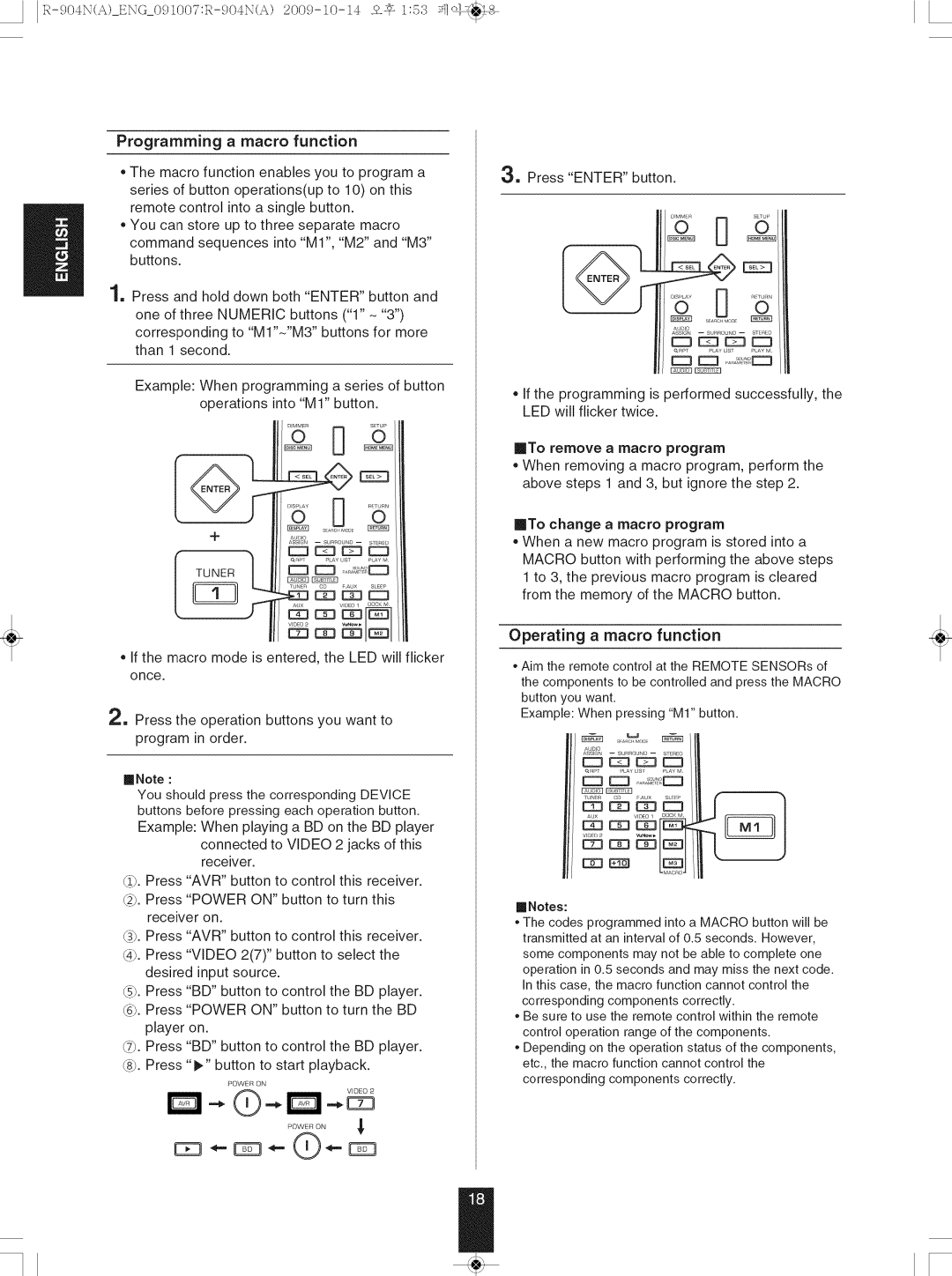 Sherwood R-904N manual Programming a macro function, Operating a macro function 