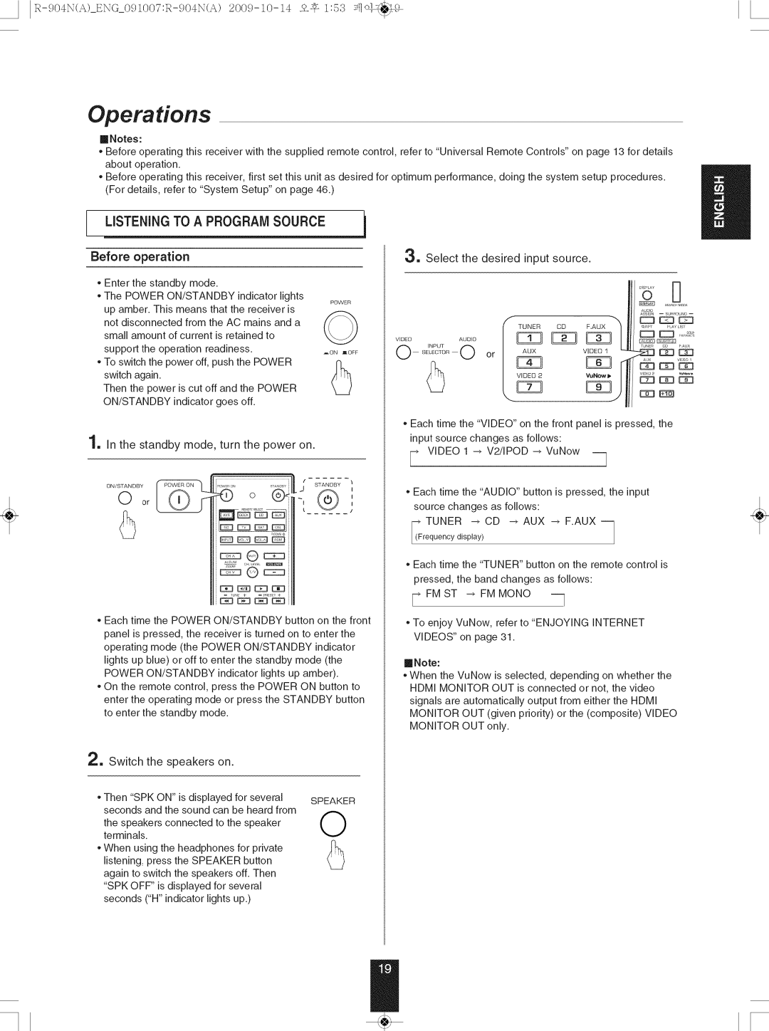 Sherwood R-904N IR-.904NAENG09100TR200-.904NA. -10-14- 153jc, Before operation, = In the standby mode, turn the power on 