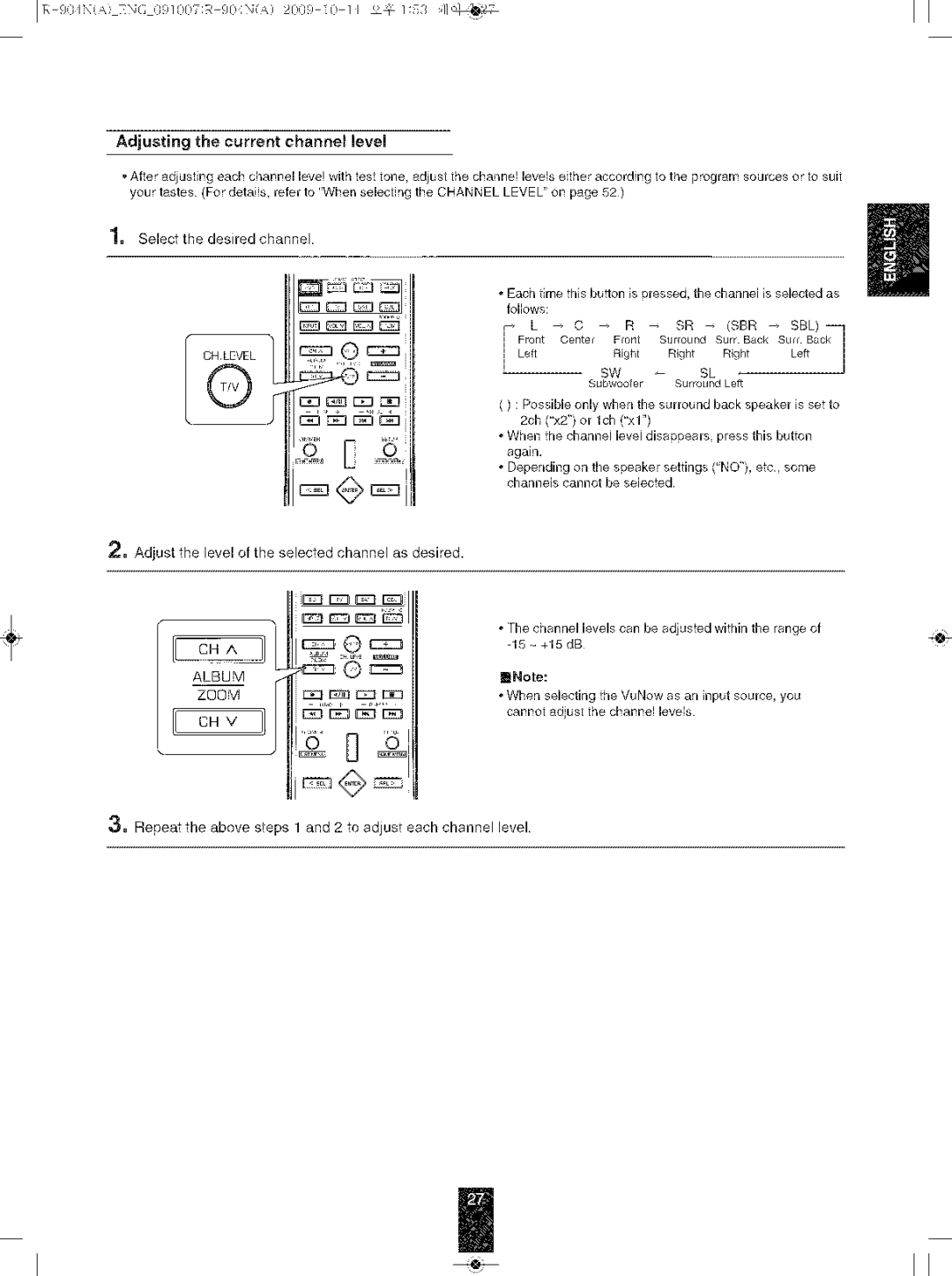 Sherwood R-904N manual Adjust the level of the selected channel as desired, Ch.Level 