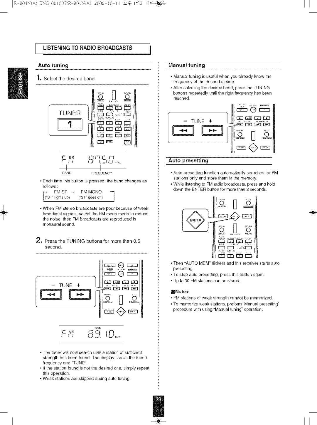 Sherwood R-904N manual Listening to Radio Broadcasts j Auto tuning, Manual tuning, Auto presetting, == = , = 