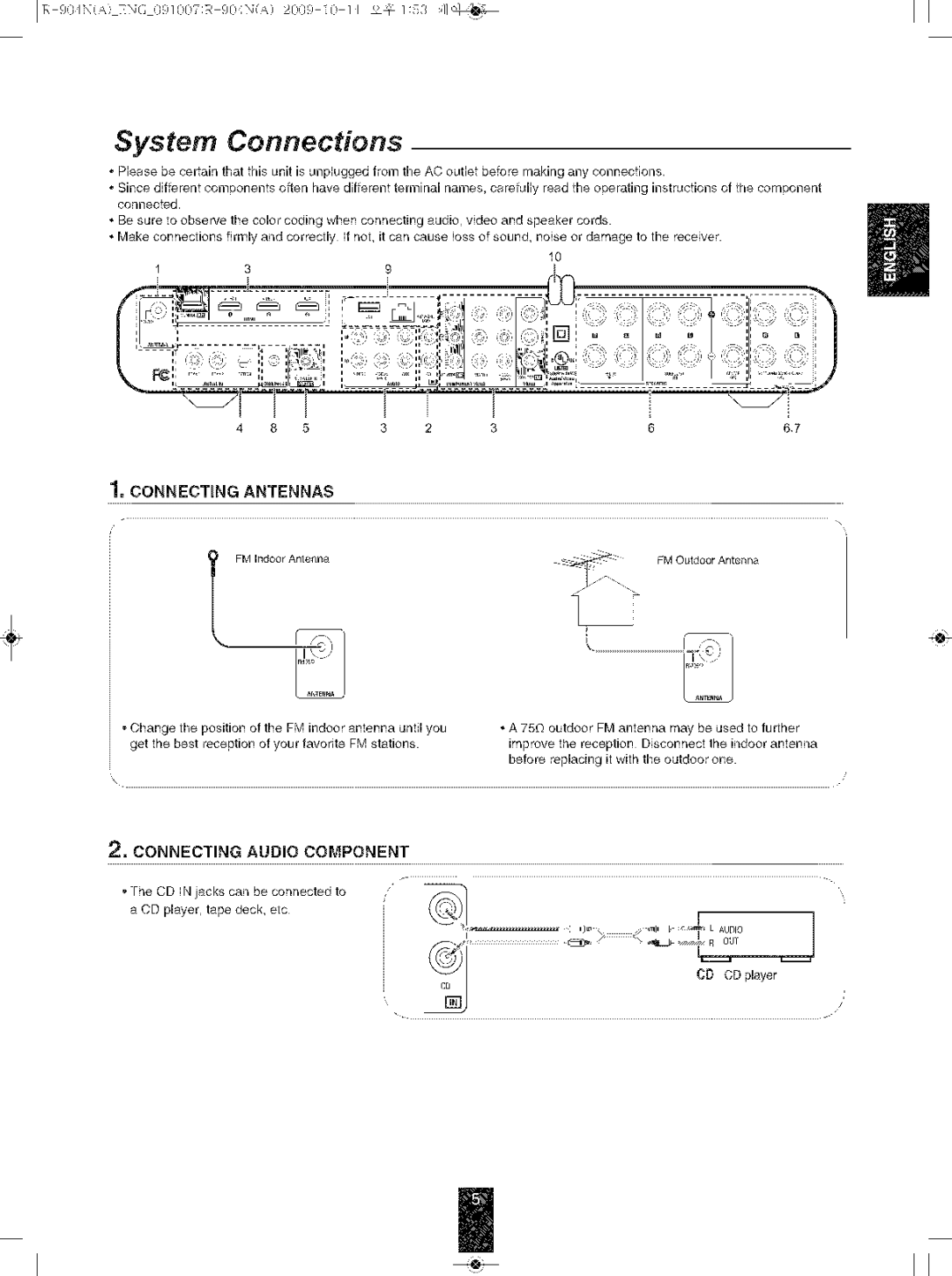 Sherwood R-904N manual Connecting Antennas, Connecting Audio Component 