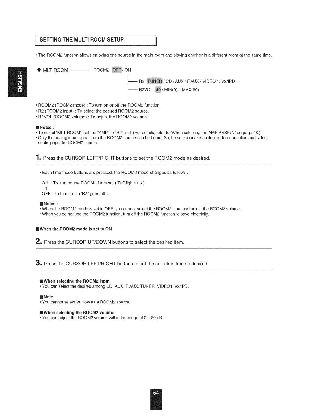 Sherwood R-904N manual Setting the MULTi Room Setup, MLT Room 