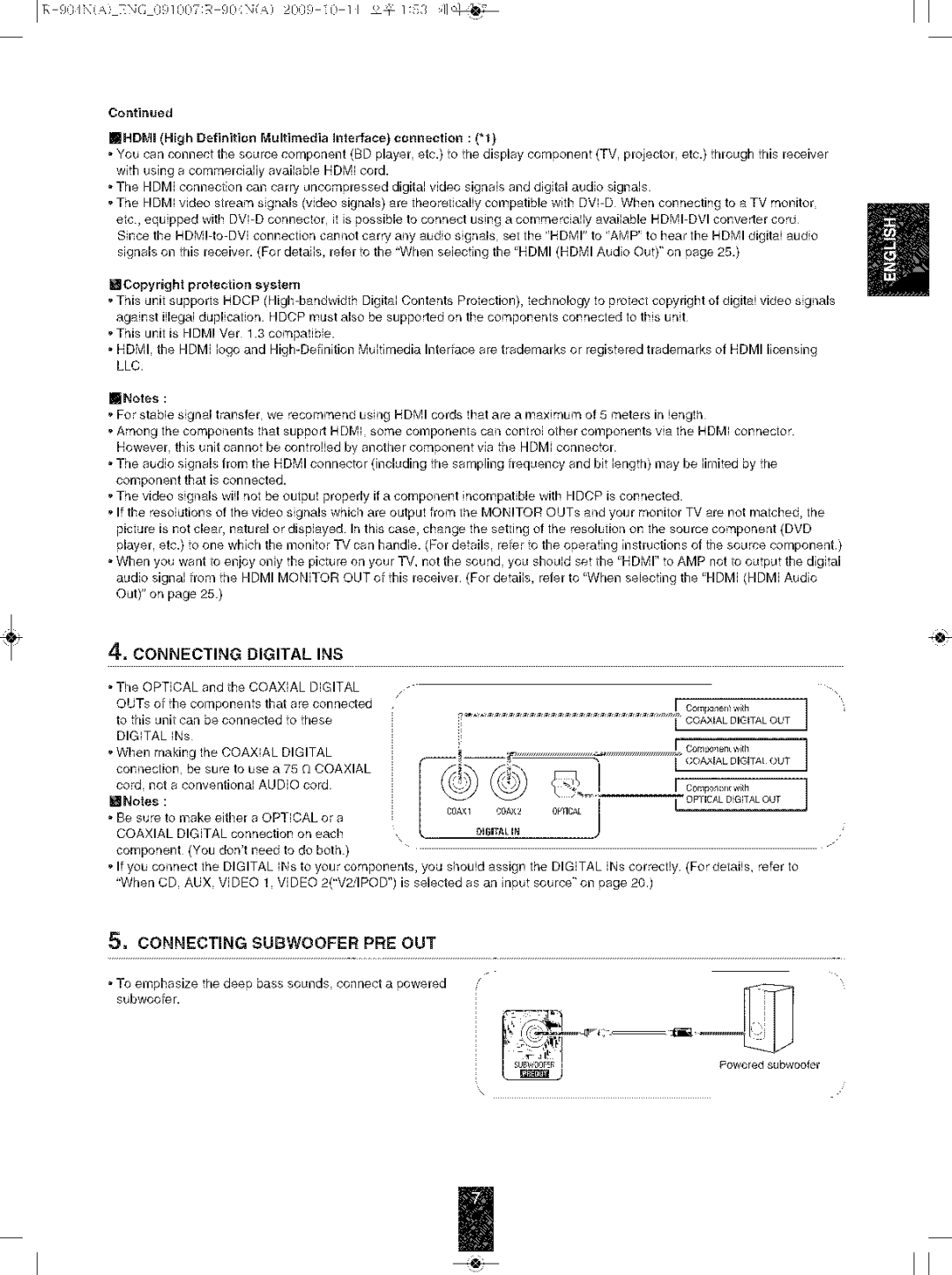 Sherwood R-904N manual Connecting Digital INS, Connecting Subwoofer PRE OUT 