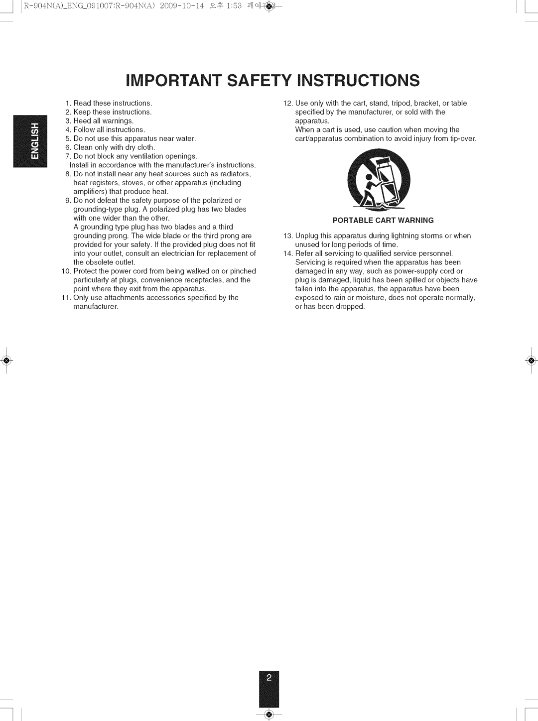 Sherwood R-904N manual Important Safety Instructions, Portable Cart Warning 
