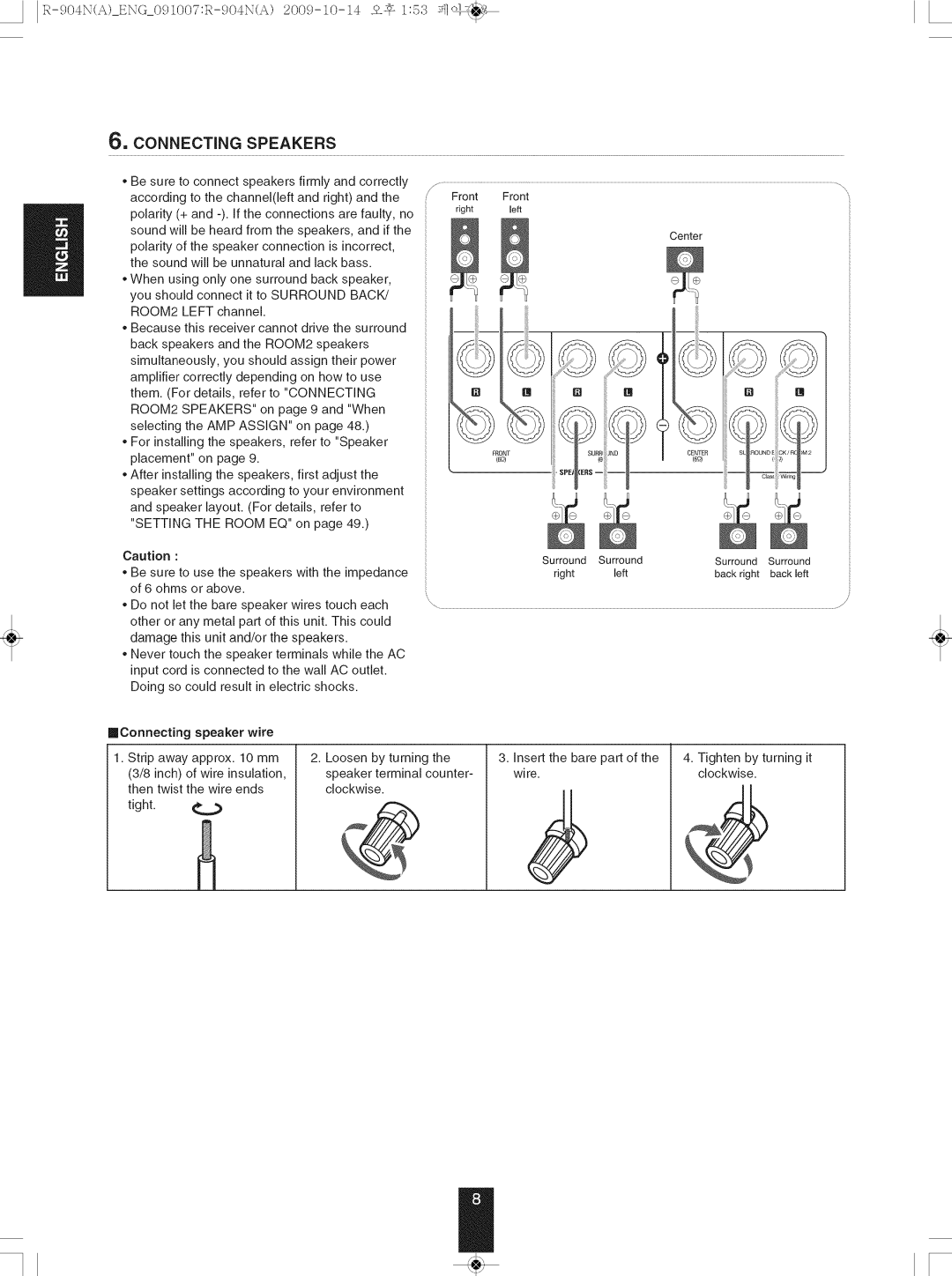 Sherwood R-904N manual 6, CONNECTING SPEAKERS 