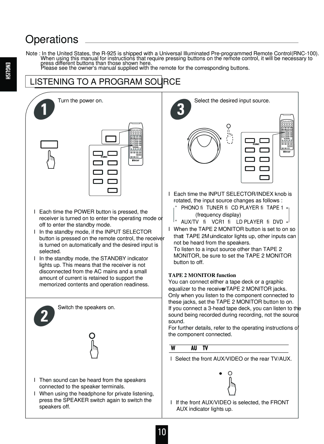 Sherwood R-925 operating instructions Operations, When the AUX/TV is selected as input source 