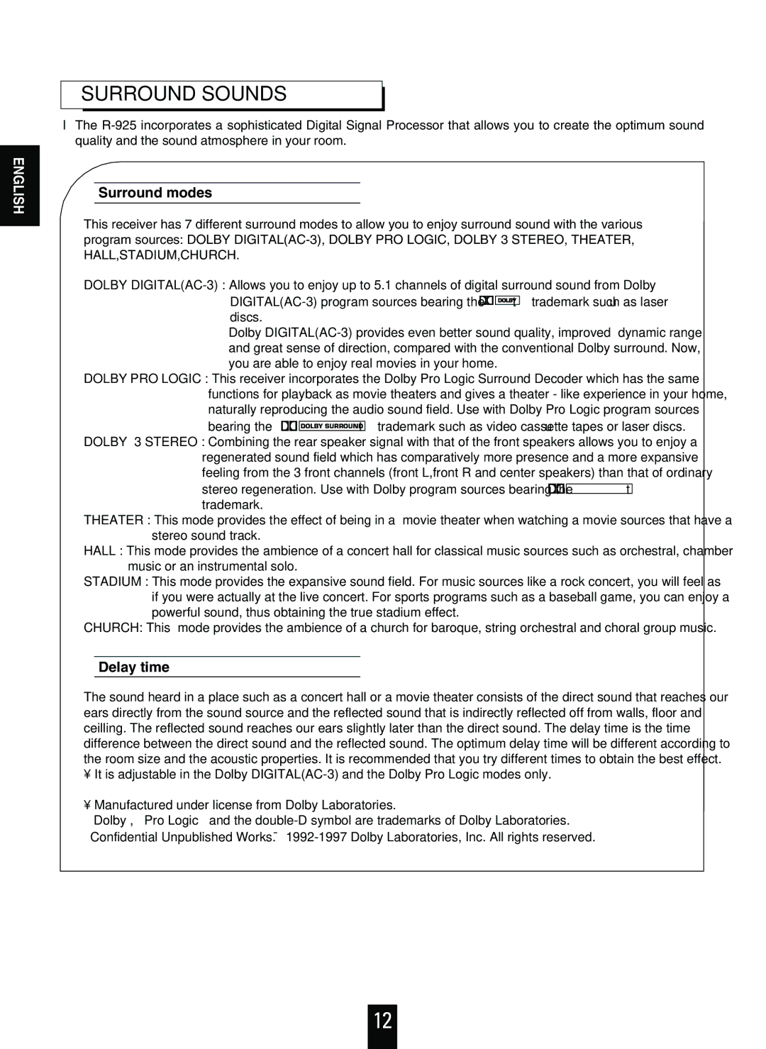 Sherwood R-925 operating instructions Surround Sounds, Surround modes, Delay time 