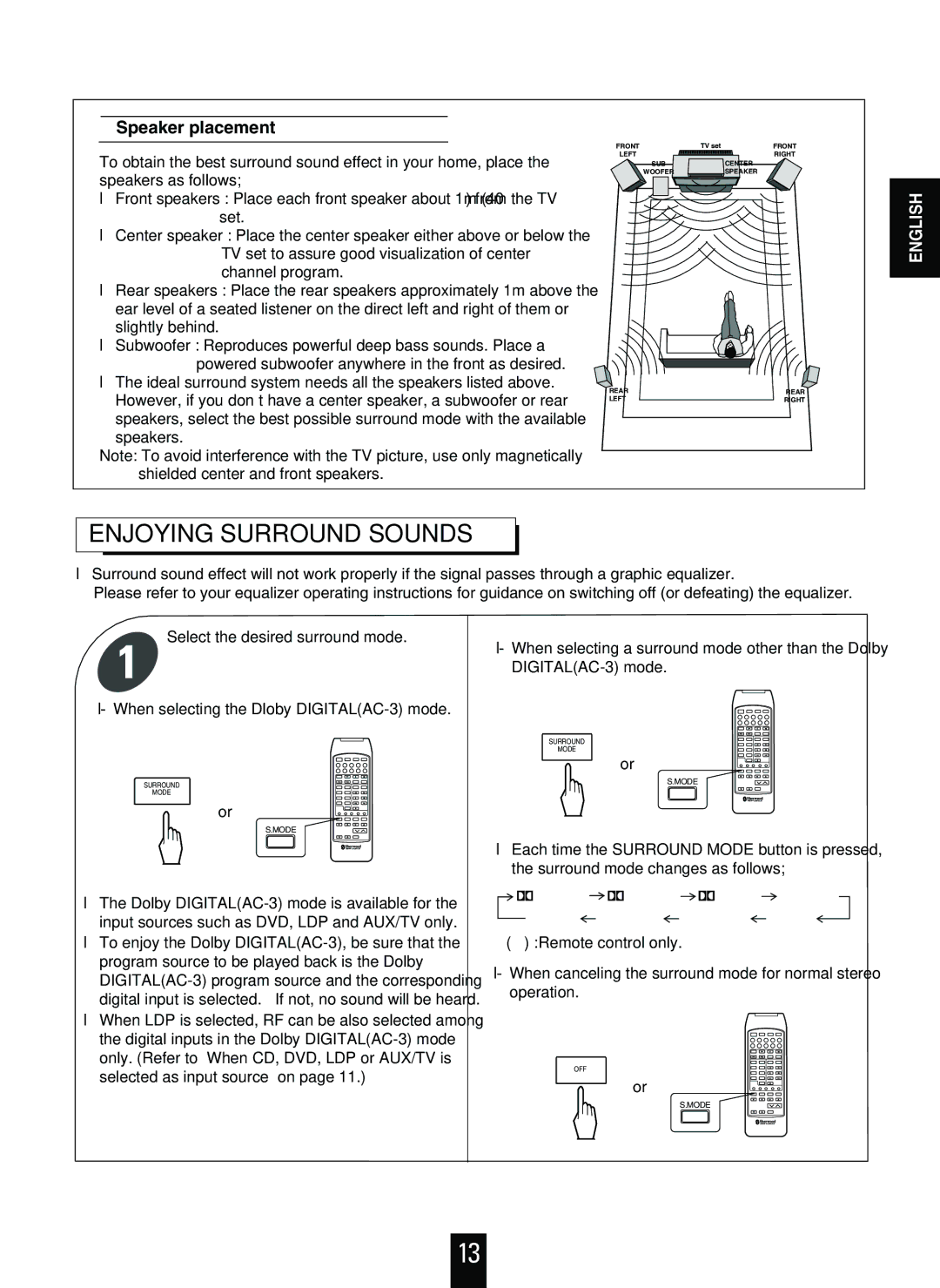 Sherwood R-925 operating instructions Enjoying Surround Sounds, Speaker placement 