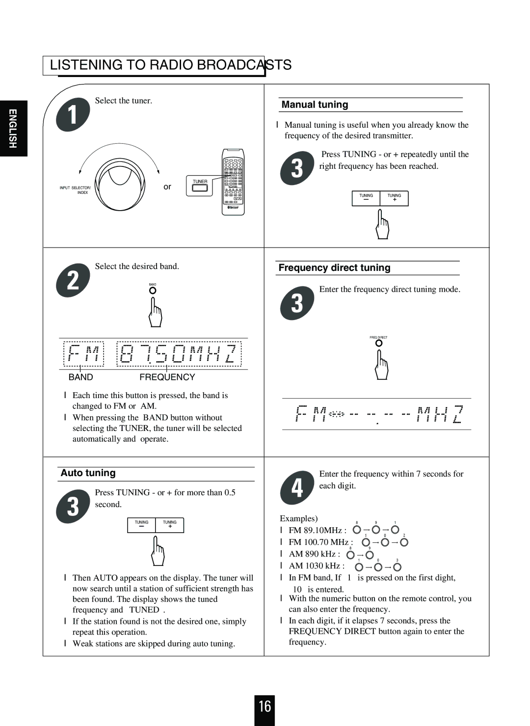 Sherwood R-925 operating instructions Listening to Radio Broadcasts, Manual tuning, Frequency direct tuning, Auto tuning 