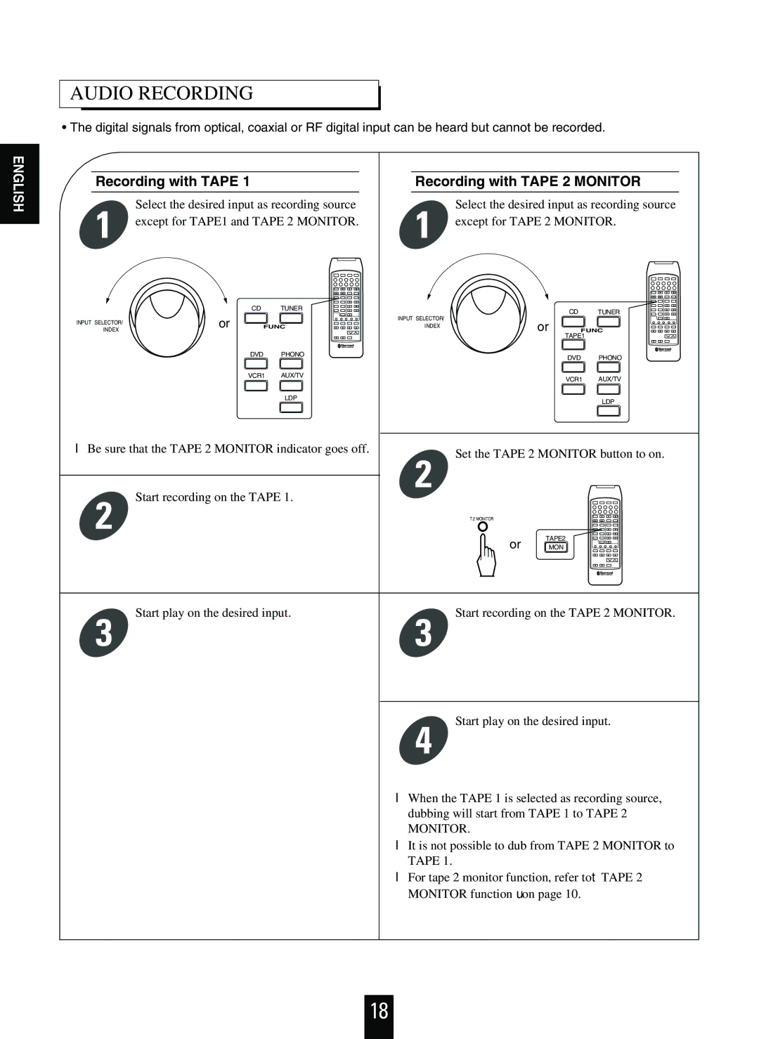 Sherwood R-925 operating instructions Audio Recording, Recording with Tape Recording with Tape 2 Monitor 