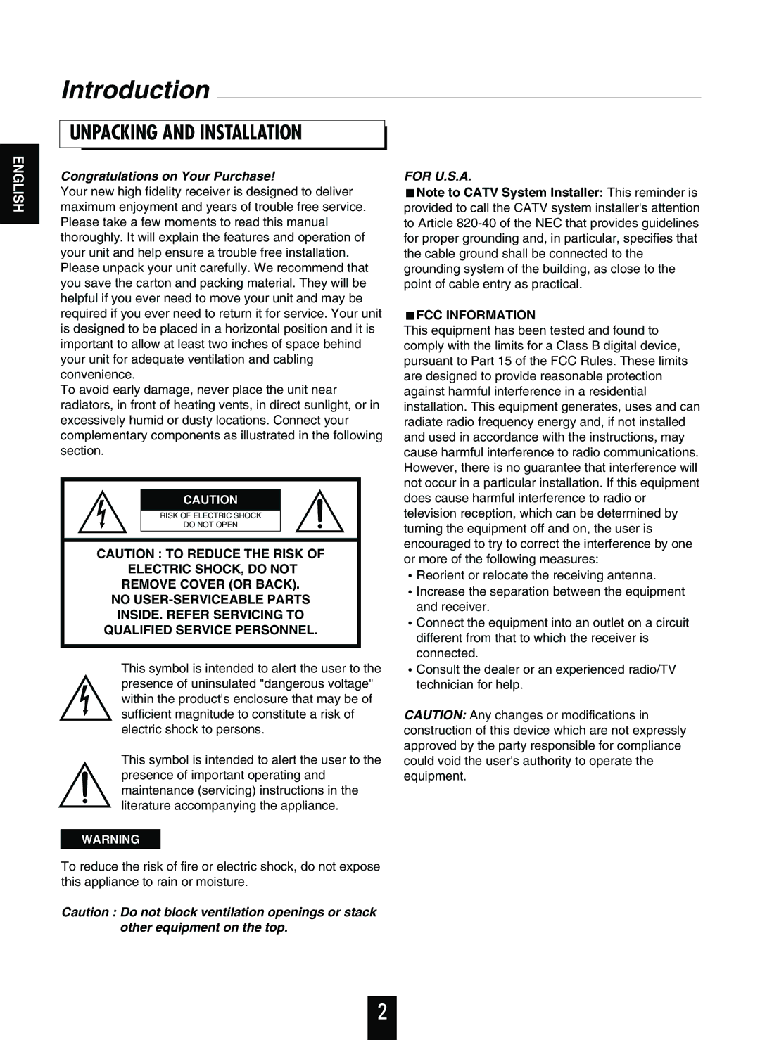 Sherwood R-925 operating instructions Introduction, Unpacking and Installation 