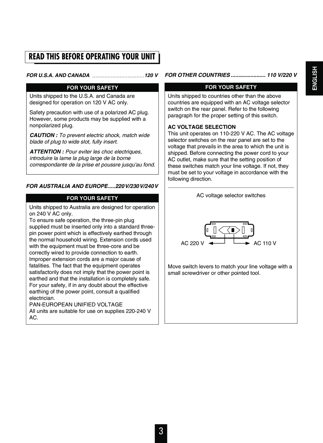 Sherwood R-925 operating instructions Read this Before Operating Your Unit, AC Voltage Selection 