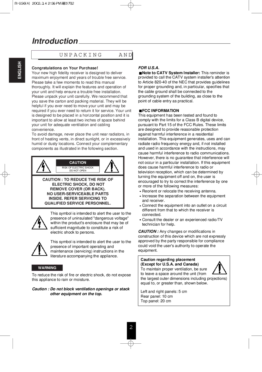 Sherwood R-956 manual Introduction 