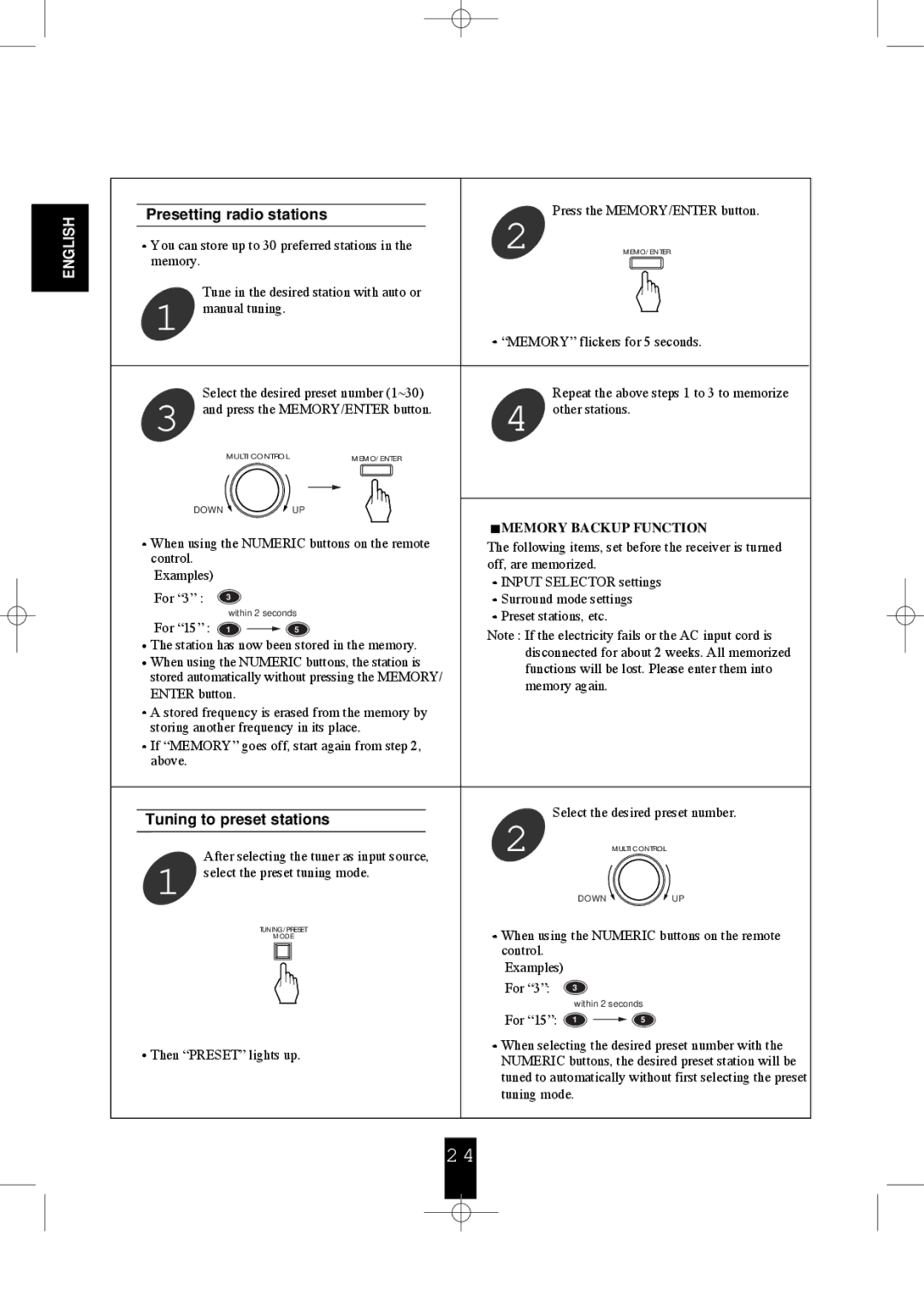 Sherwood R-956 manual Presetting radio stations, Tuning to preset stations 