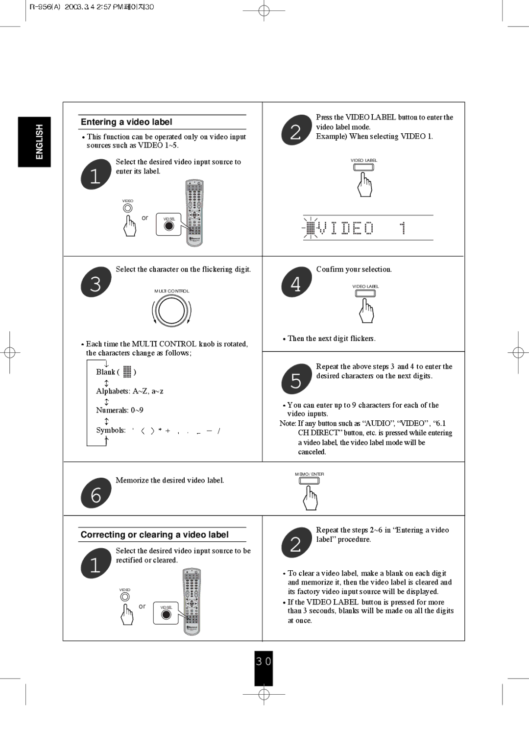 Sherwood R-956 manual Entering a video label, Correcting or clearing a video label 