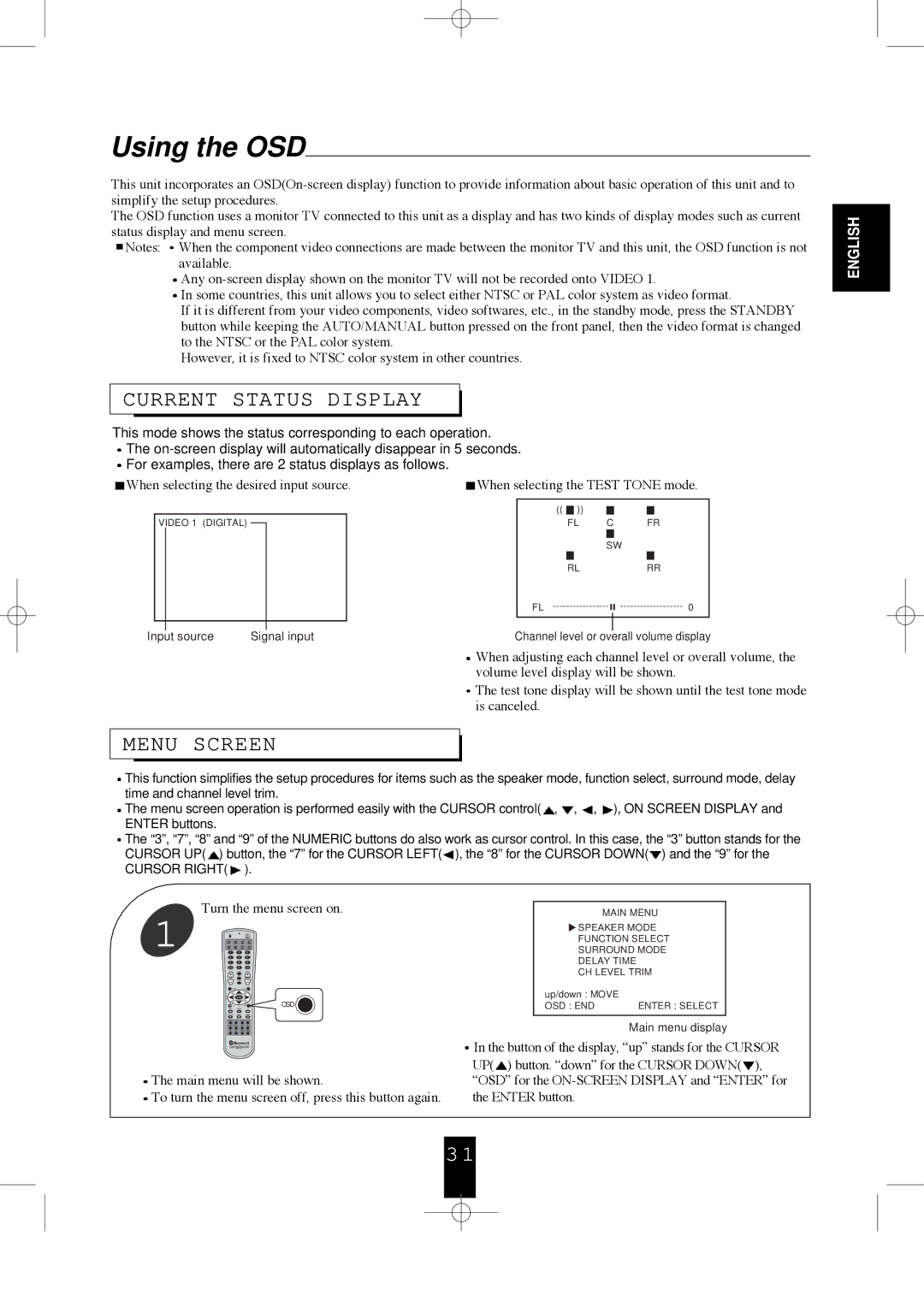 Sherwood R-956 manual Using the OSD, Current Status Display, Menu Screen 