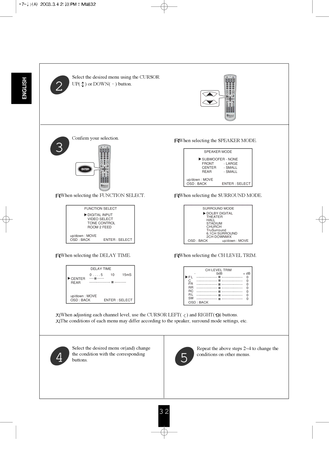 Sherwood R-956 manual Select the desired menu using the Cursor UP or Down button 