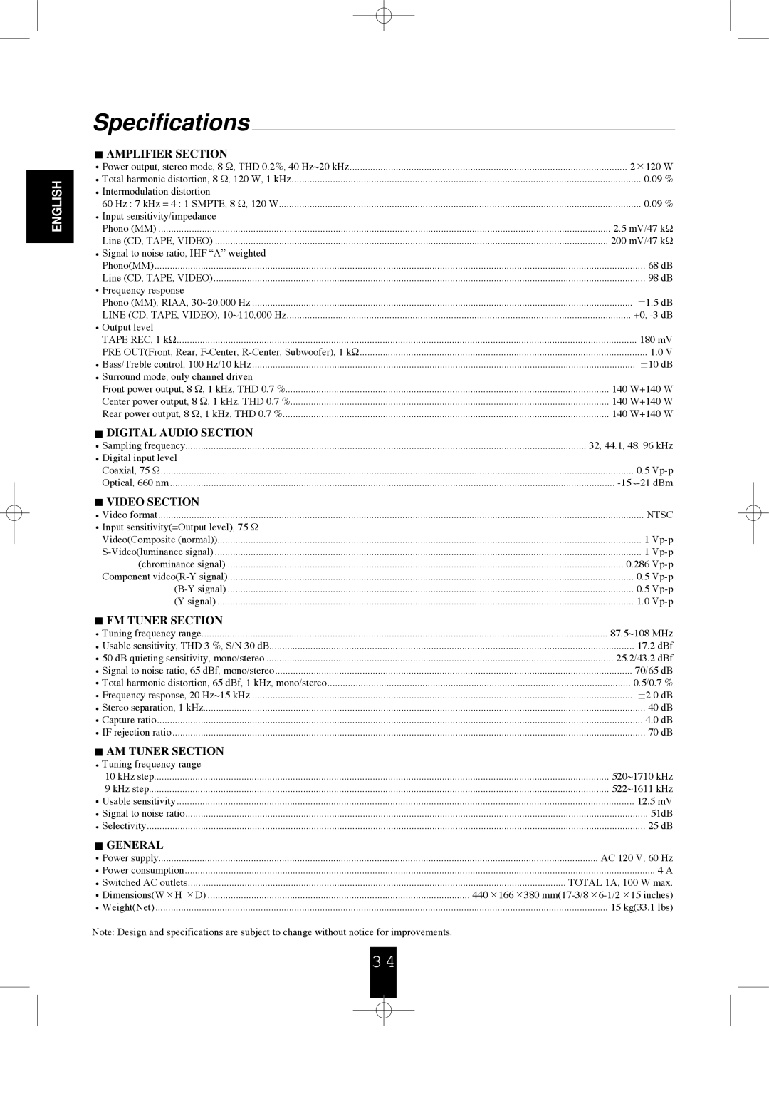 Sherwood R-956 manual Specifications, Amplifier Section 