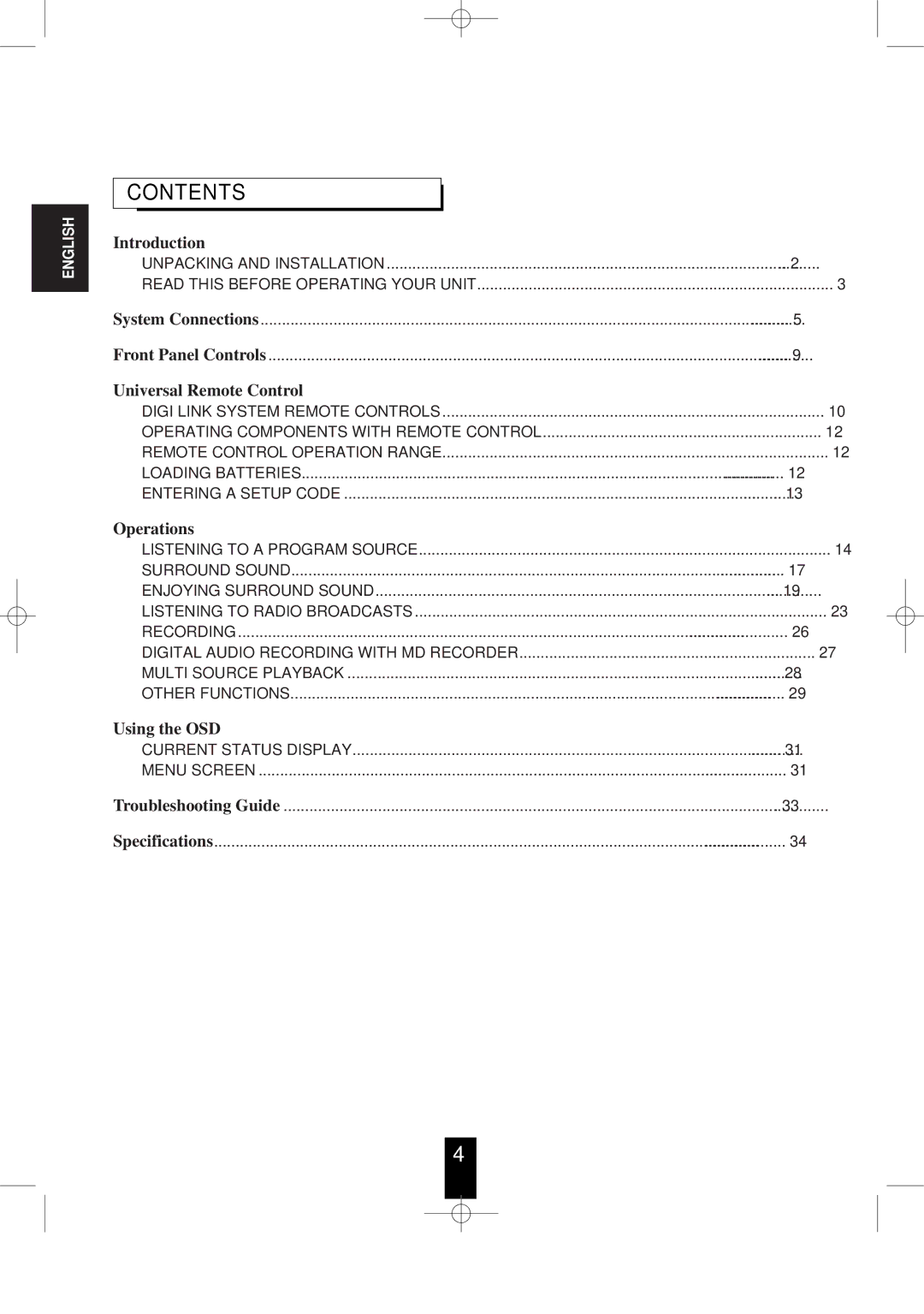 Sherwood R-956 manual Contents 