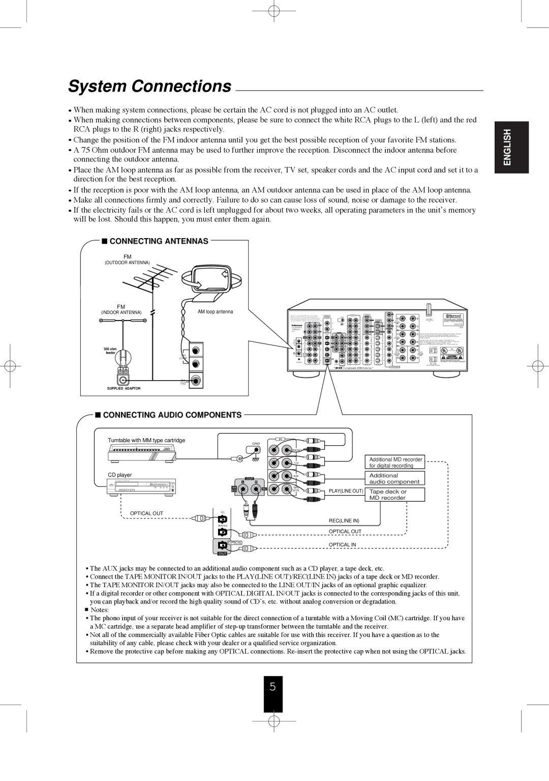 Sherwood R-956 manual System Connections, Connecting Antennas 