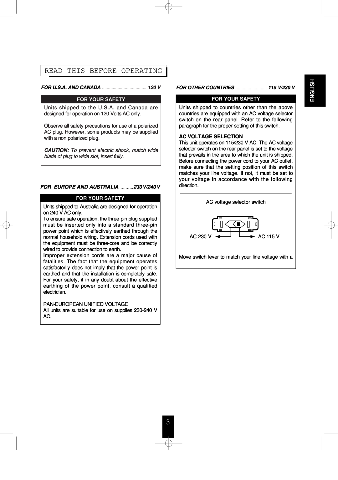 Sherwood R-956 manual Read This Before Operating, English, For Your Safety, For Europe And Australia 