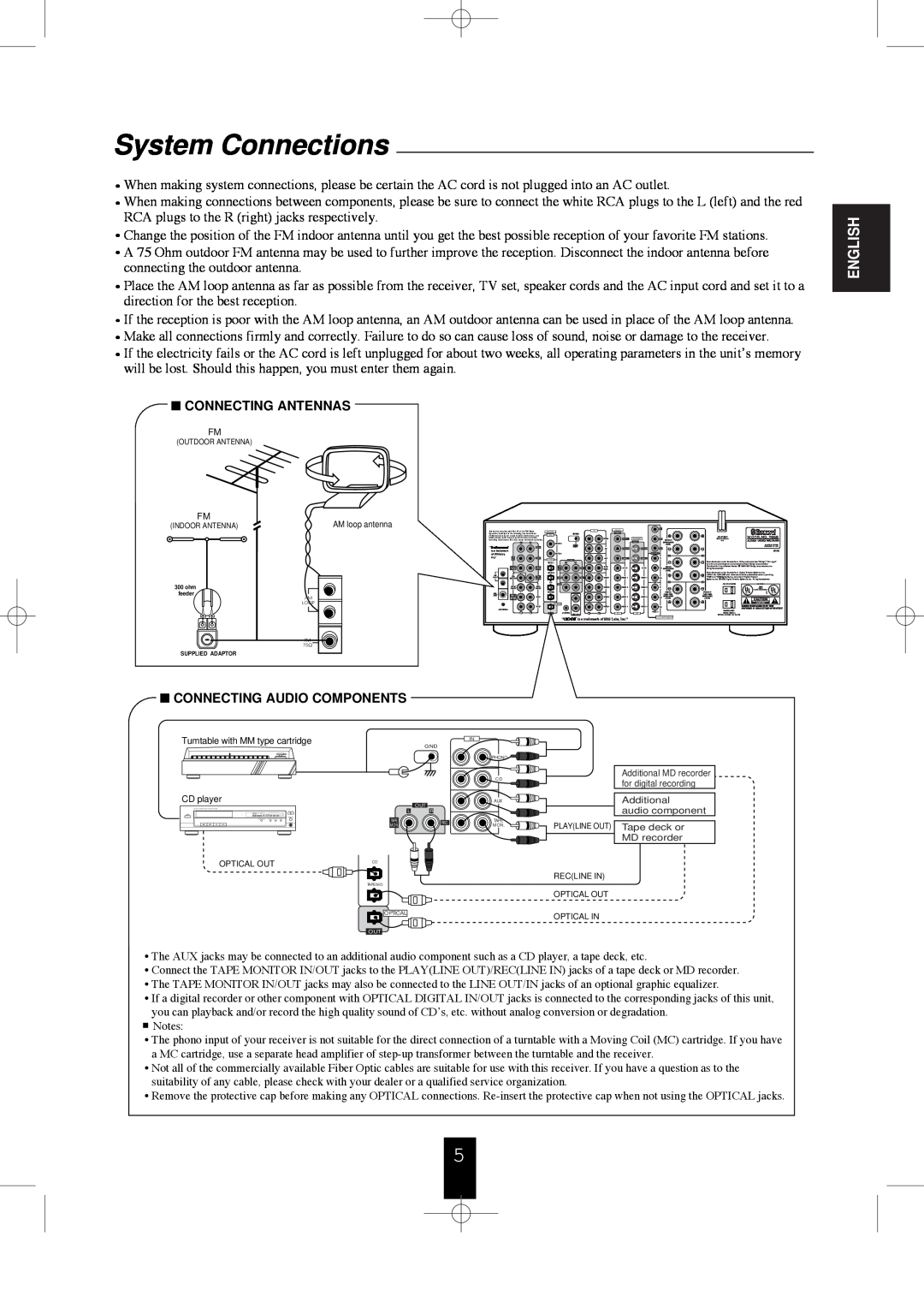 Sherwood R-956 manual System Connections, English, Connecting Antennas, Connecting Audio Components 