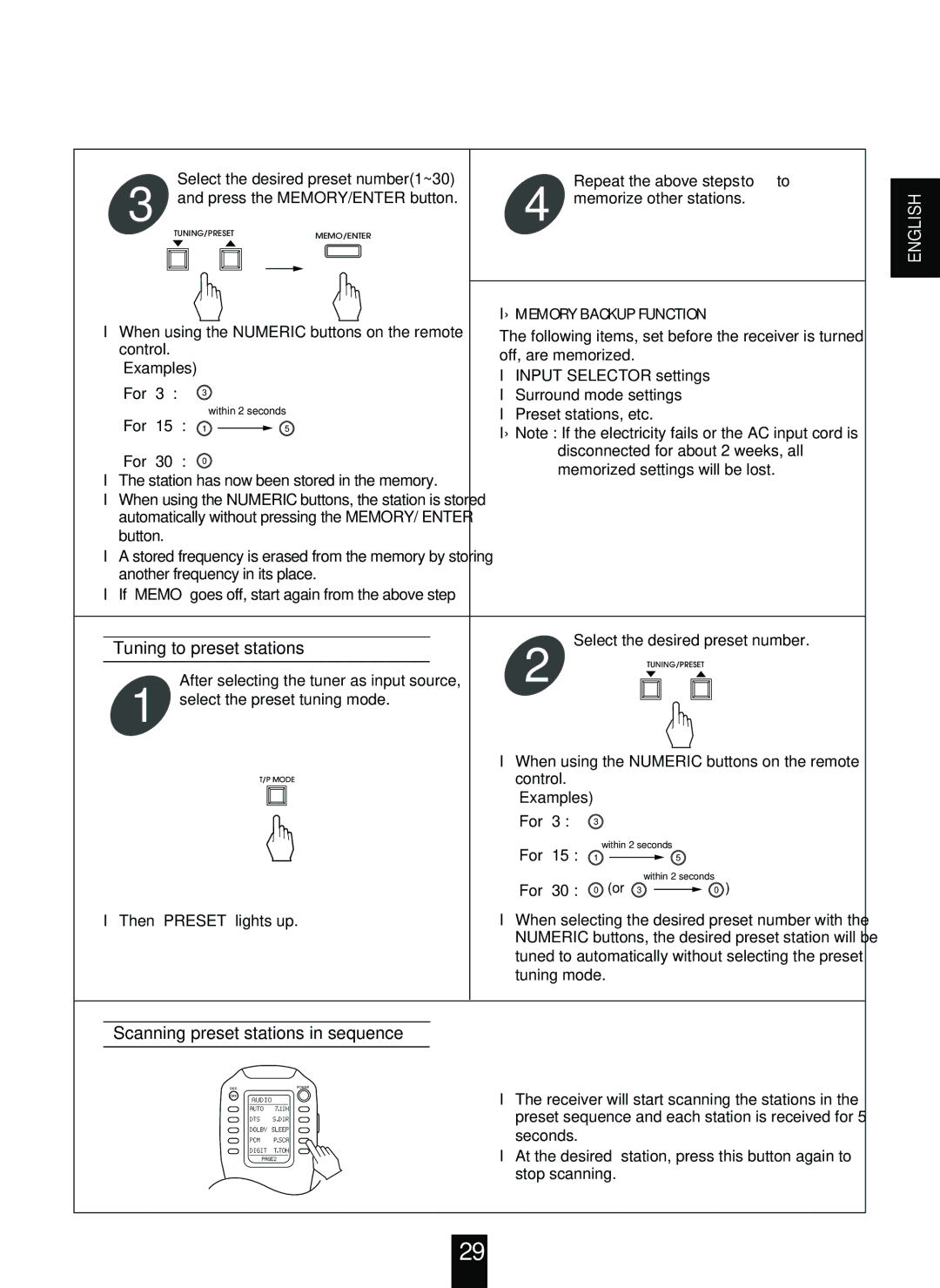 Sherwood R-963 manual Tuning to preset stations, Scanning preset stations in sequence 