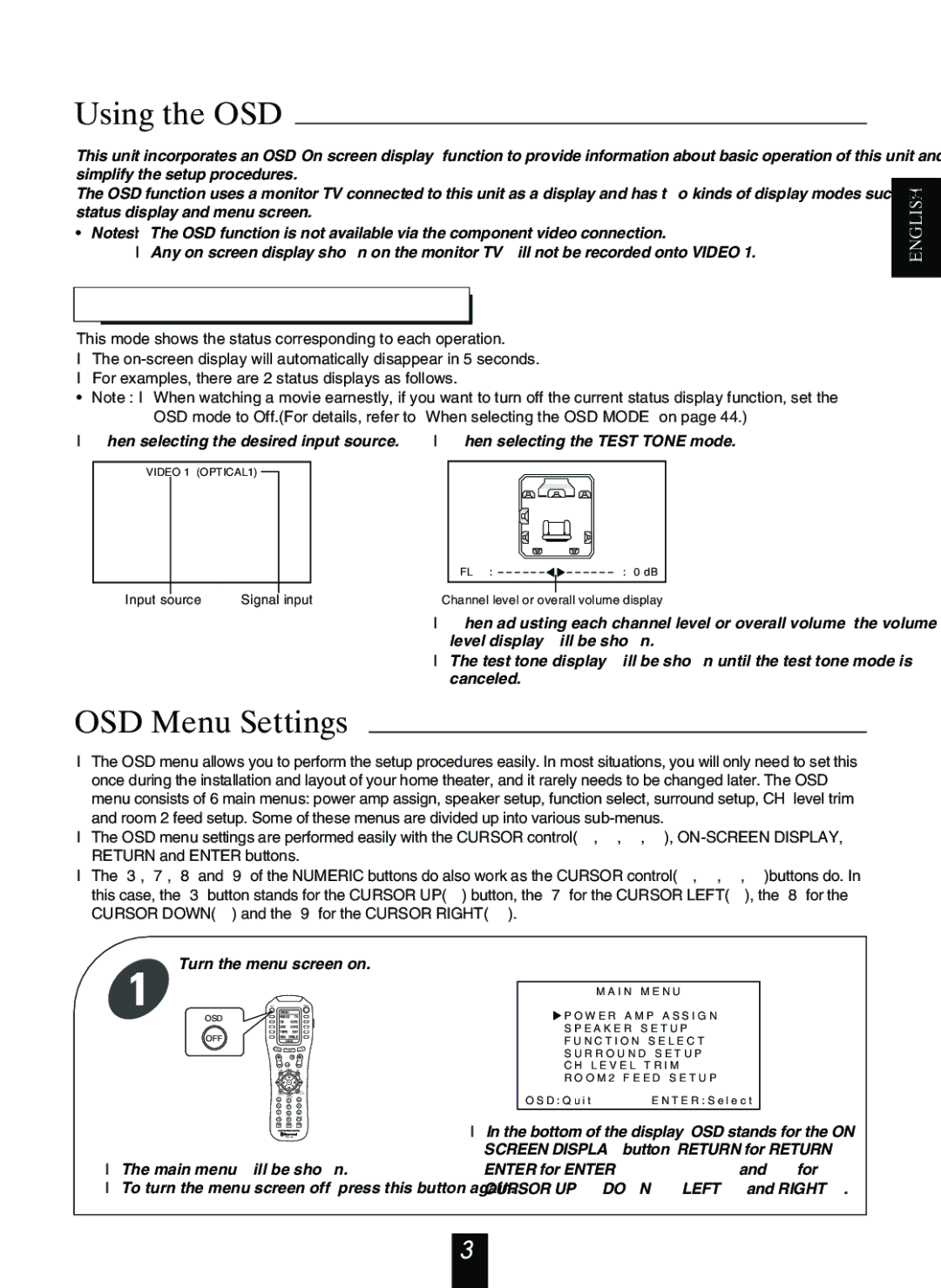 Sherwood R-963 manual Using the OSD, OSD Menu Settings, Current Status Display 