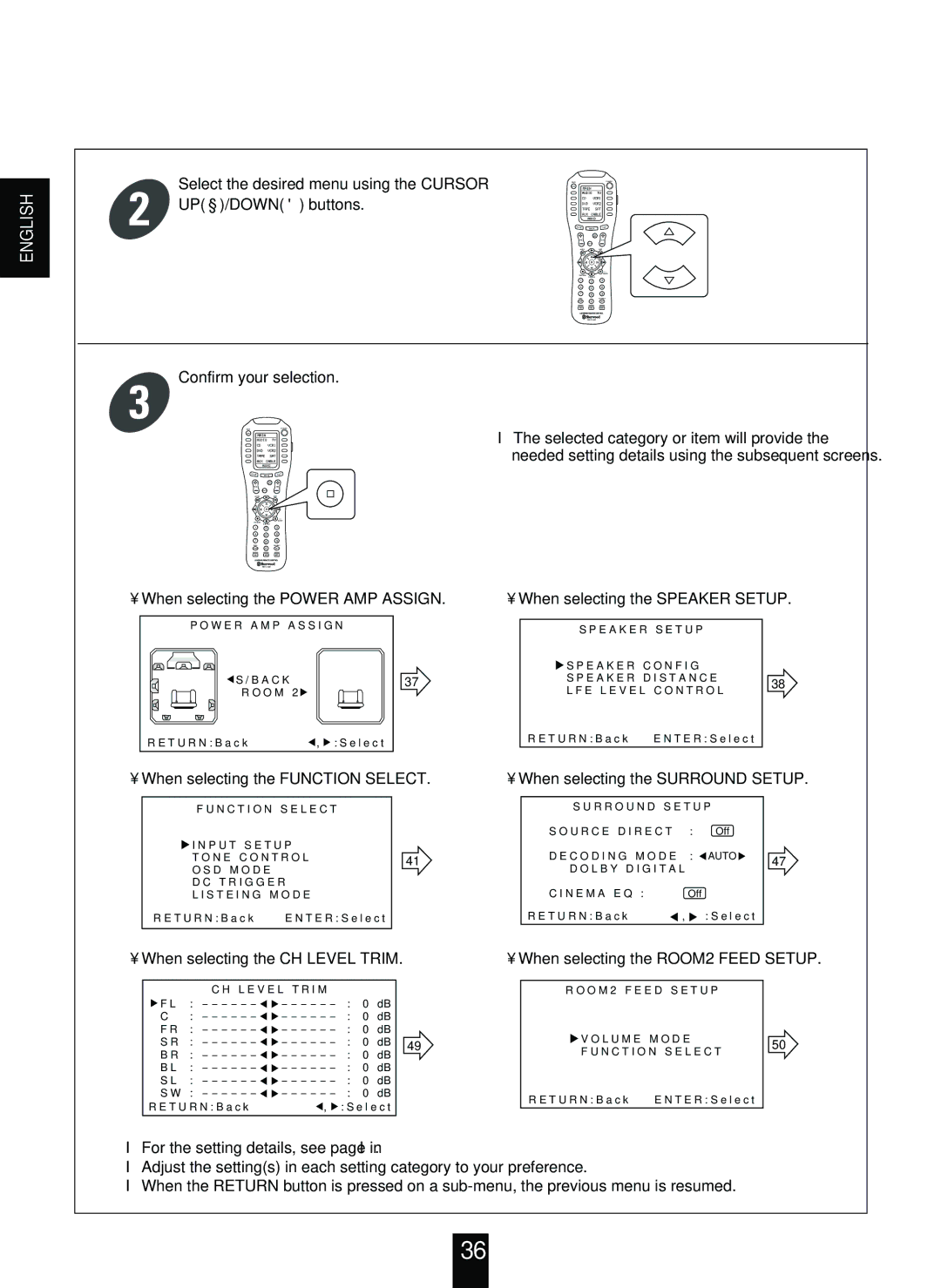 Sherwood R-963 manual Select the desired menu using the Cursor UP /DOWN buttons, When selecting the Power AMP Assign 