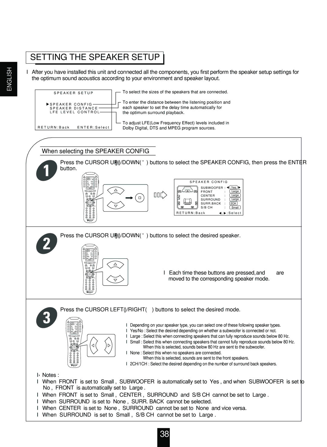 Sherwood R-963 manual Setting the Speaker Setup, When selecting the Speaker Config 