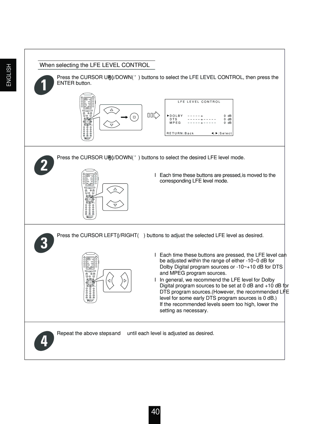 Sherwood R-963 manual When selecting the LFE Level Control, Corresponding LFE level mode 