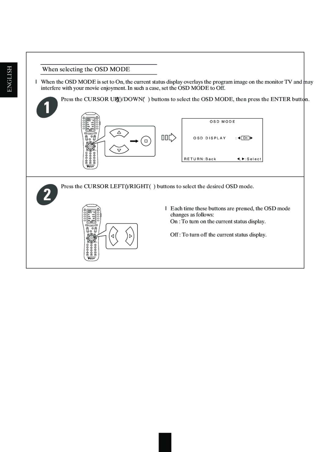 Sherwood R-963 manual When selecting the OSD Mode, Off To turn off the current status display 