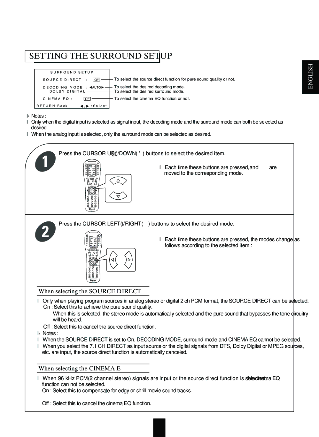 Sherwood R-963 manual Setting the Surround Setup, When selecting the Source Direct, When selecting the Cinema EQ 