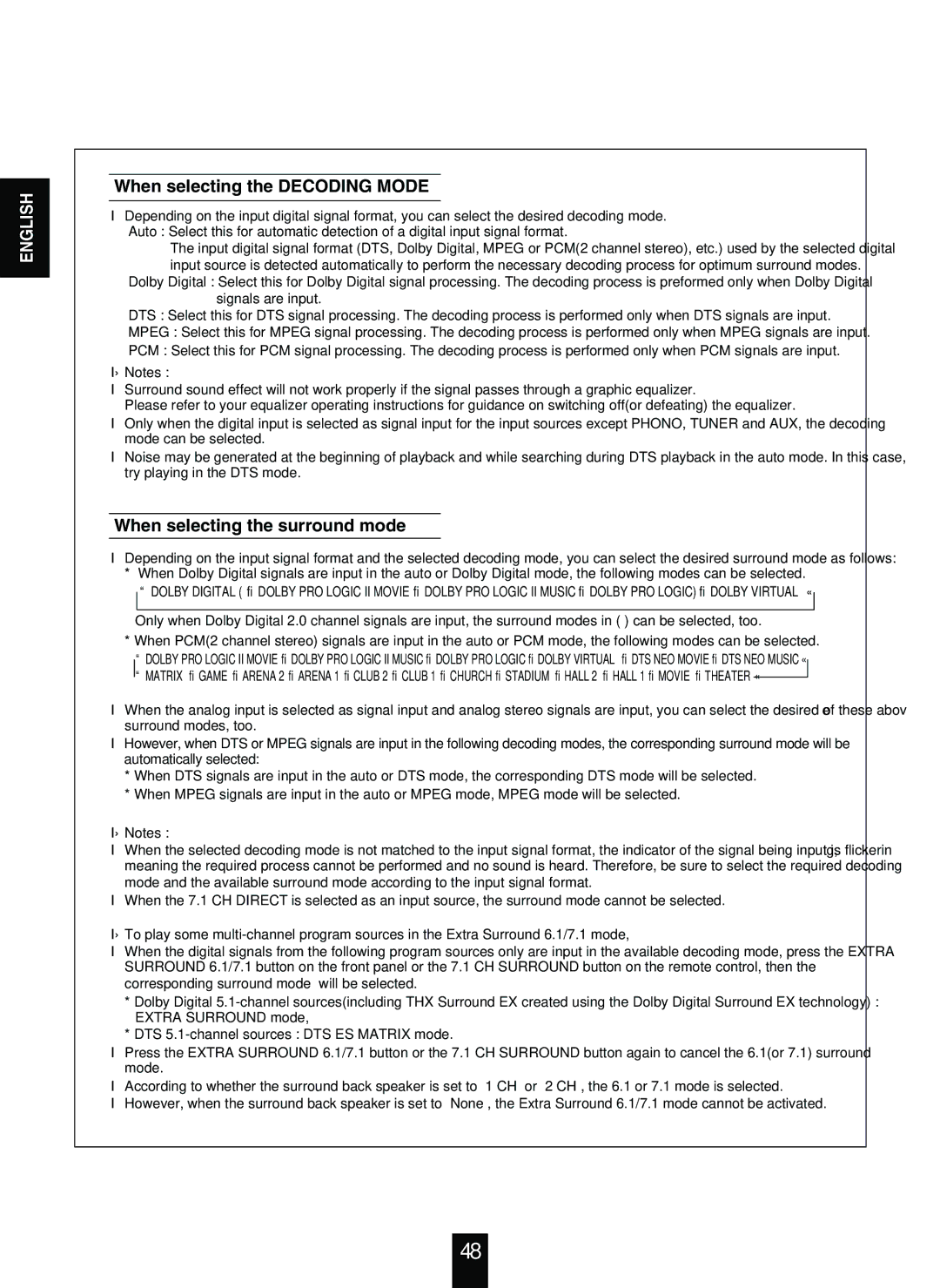 Sherwood R-963 manual When selecting the Decoding Mode, When selecting the surround mode 