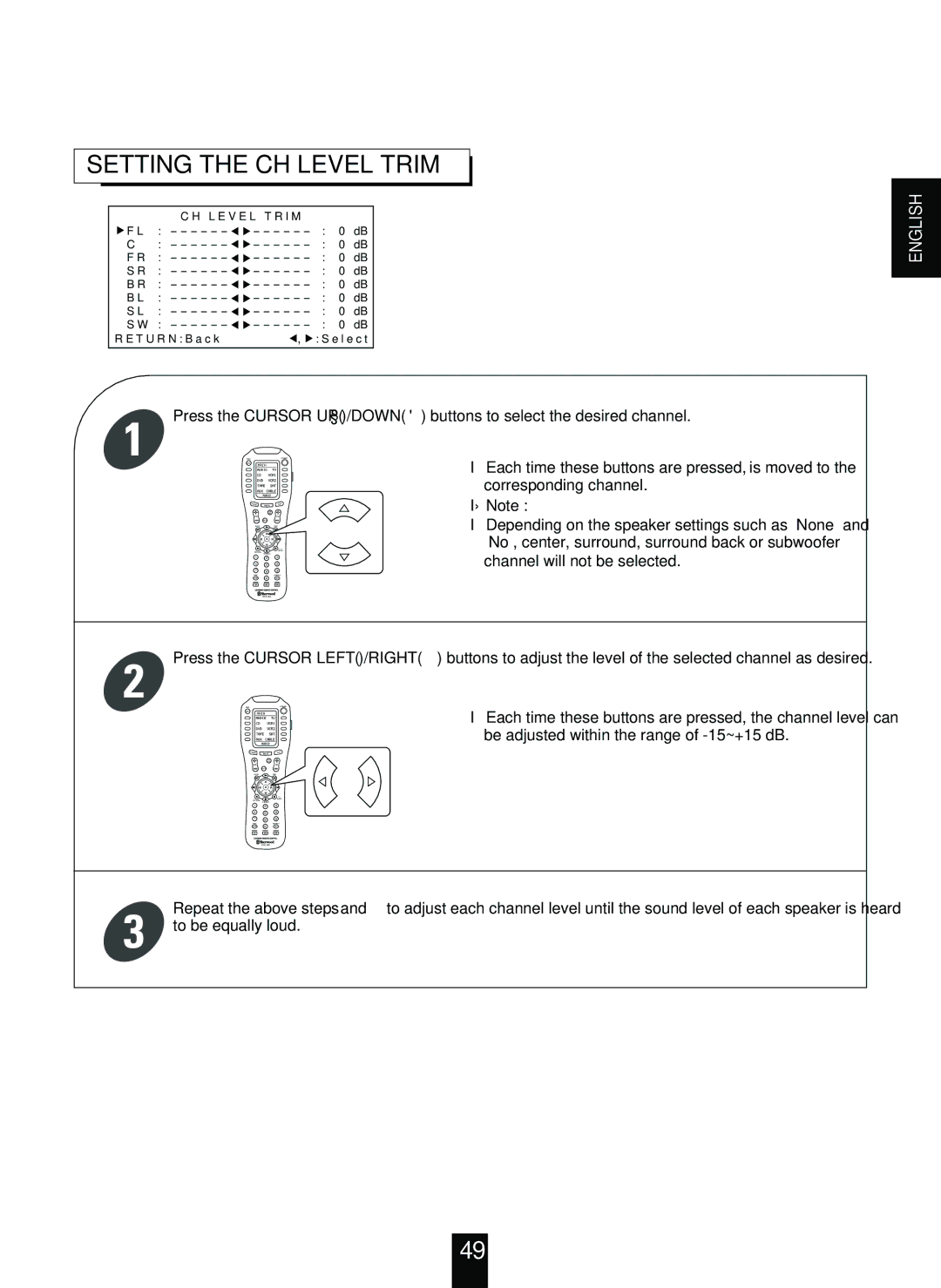 Sherwood R-963 manual Setting the CH Level Trim, Each time these buttons are pressed, the channel level can 